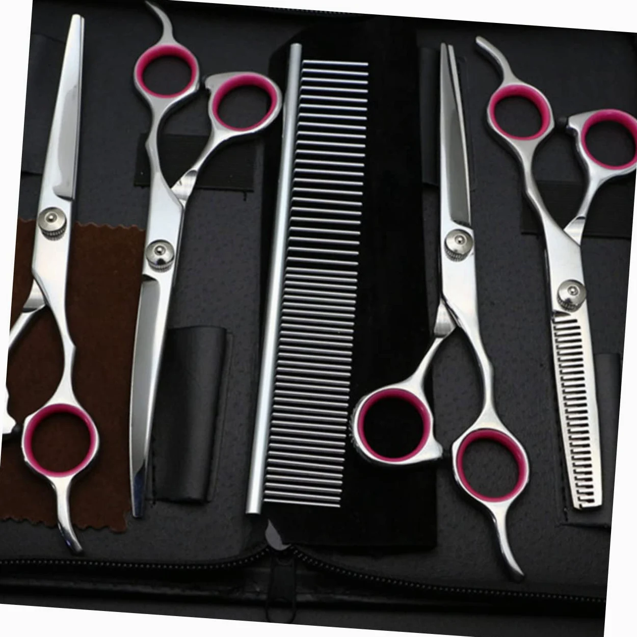 Set Forbici Toelettatura Animali 7 Pollici, 5 Pezzi in Acciaio | Lama Non Smussata, Argento, Include Pettine Dentato e 4 Varianti Curvo, Curvo Giù, Dritto