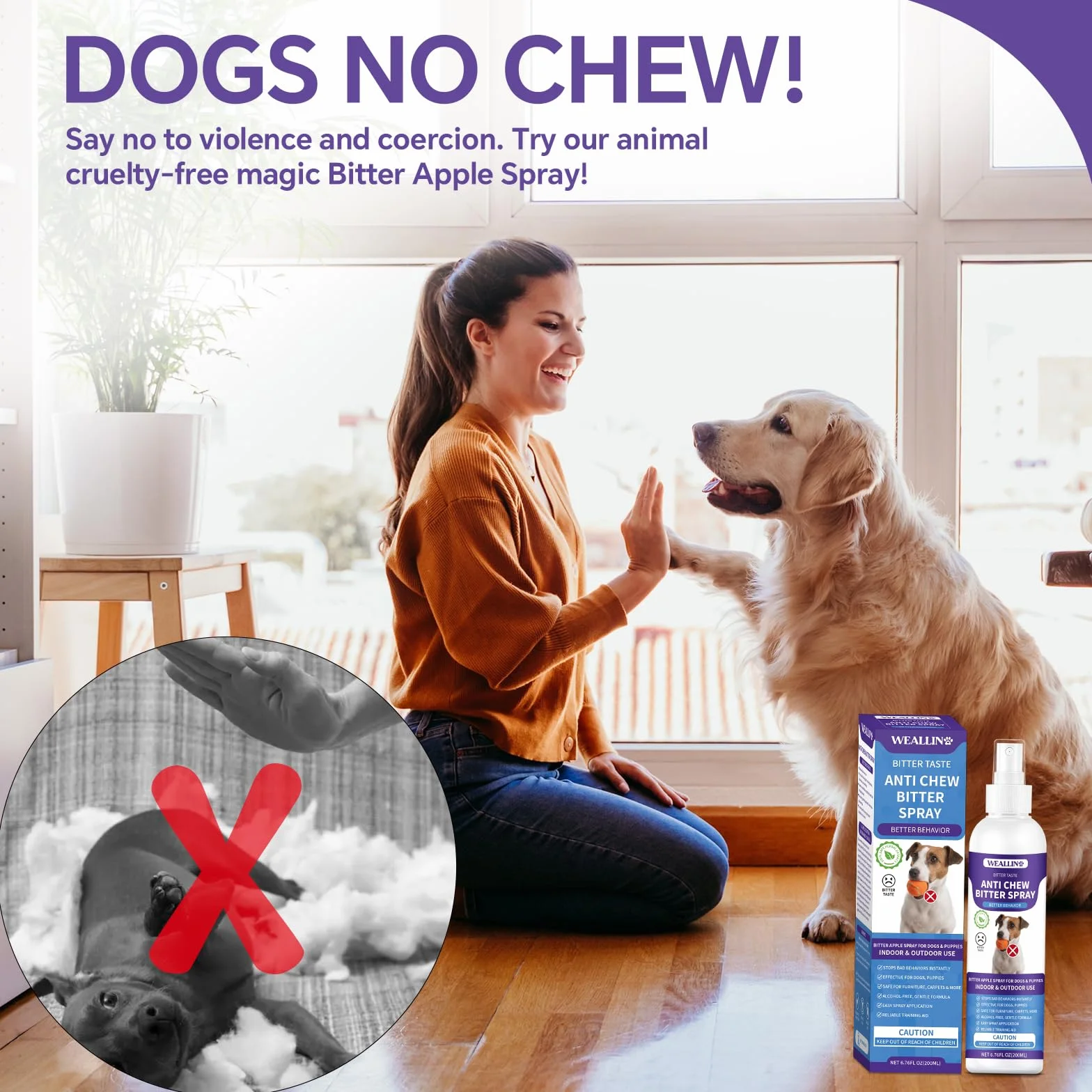 WEALLIN Spray Repellente per Cani, 200ml Repellente per Cani, Spray Anti-Masticatore, Spray Amaro per Cani per Mobili & Giardino, Sicuro per Uso Interno ed Esterno