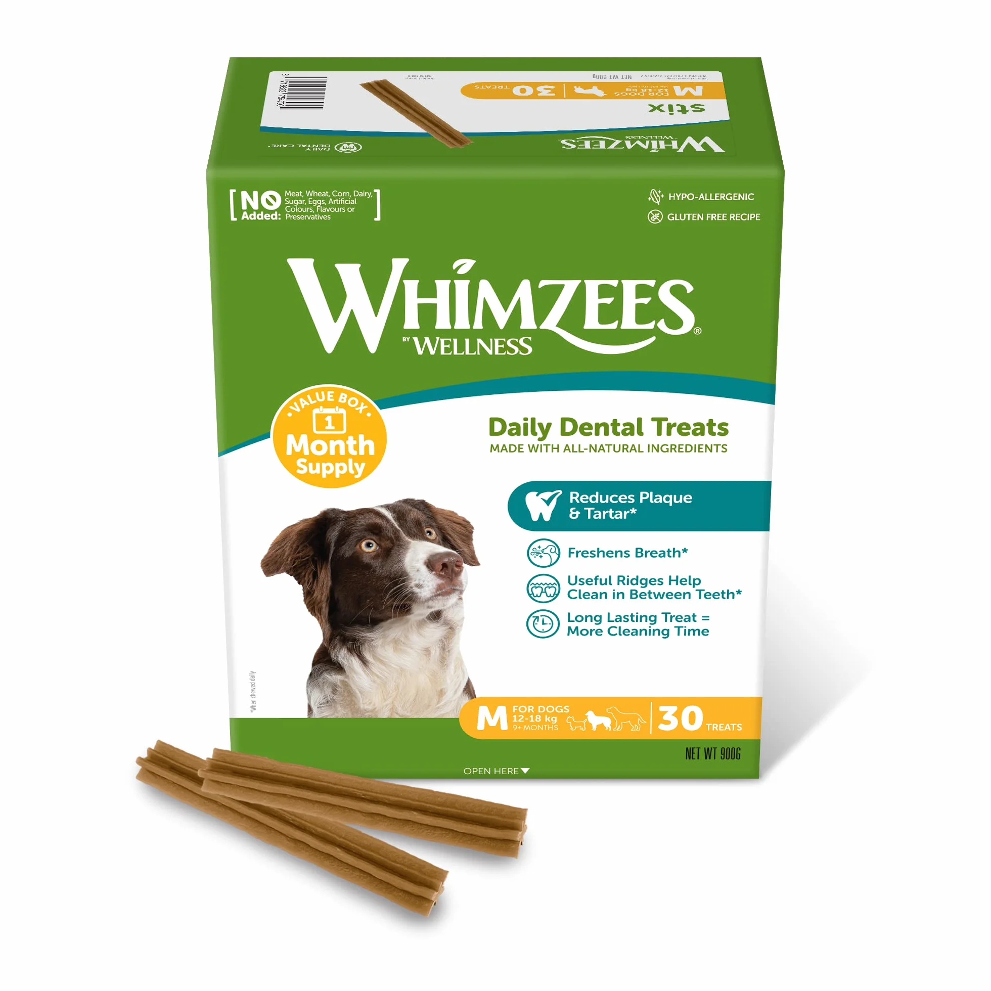 WHIMZEES Stix M, Fondo Mensile, 30 Pezzi – Taglia M, Snack per Cani di Taglia Media, Naturali & Senza Cereali, Vegetariane, Senza Zuccheri Aggiunti