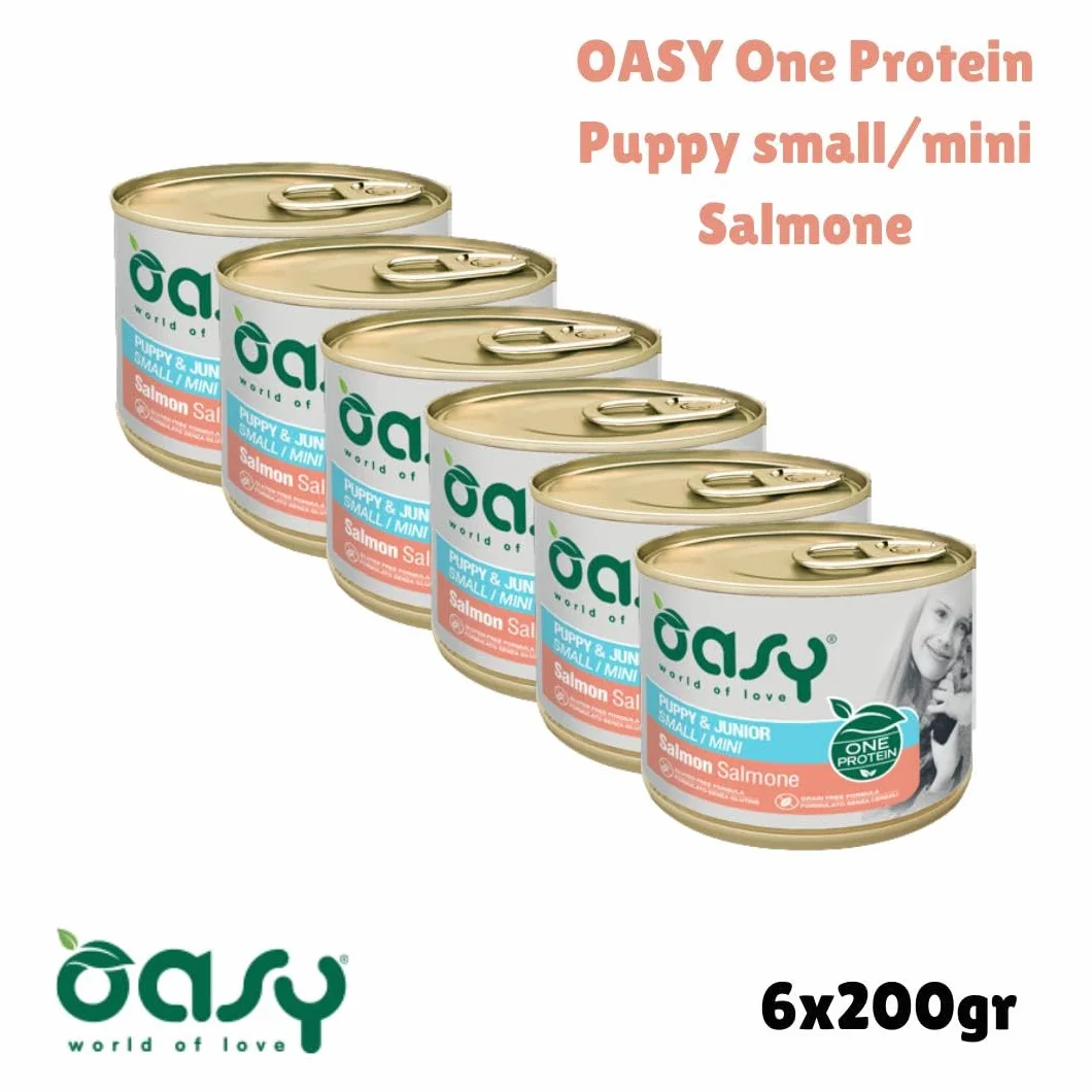 Oasy umido cane puppy monoproteico, alimento completo per cani cuccioli di taglia piccola (small) gusto SALMONE | 6 scatolette da 200 grammi l’una.