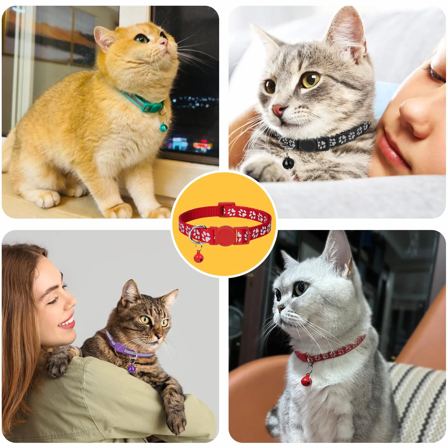 Taglory Collare Gatto Riflettente, 2 Pezzi Collari per Gatti Antistrozzo con Campanellino e Fibbia di Sicurezza, Stampa Zampa Carina 15-20cm Azzurro
