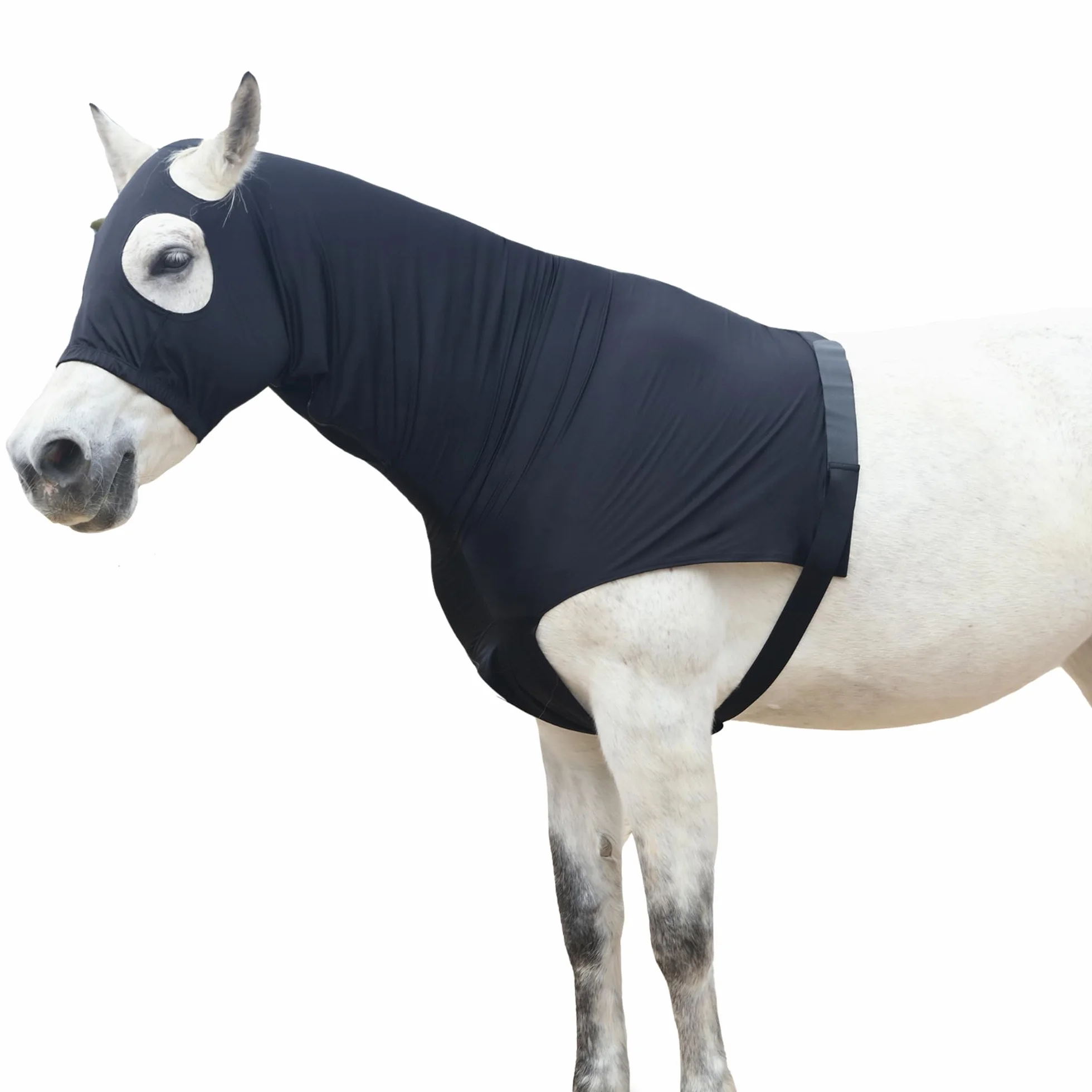 Cappottino da cavallo in tessuto Lycra elasticizzato con cerniera rinforzata e chiusura in velcro regolabile, cappuccio testa di cavallo con copertura integrale per il collo, nero, XXL
