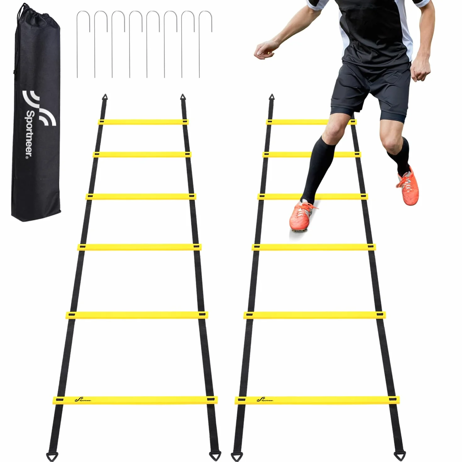 Sportneer Set di scalette per allenamento di velocità di agilità, 12 pioli, 6 m, staccabili, in 2 pezzi (6 pioli ciascuno), con picchetti per allenamento di calcio, footwork – Scala con borsa per il