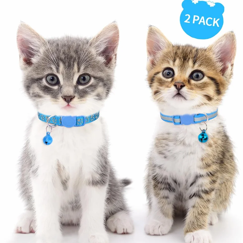 Taglory Collare Gatto Riflettente, 2 Pezzi Collari per Gatti Antistrozzo con Campanellino e Fibbia di Sicurezza, Stampa Zampa Carina 15-20cm Azzurro