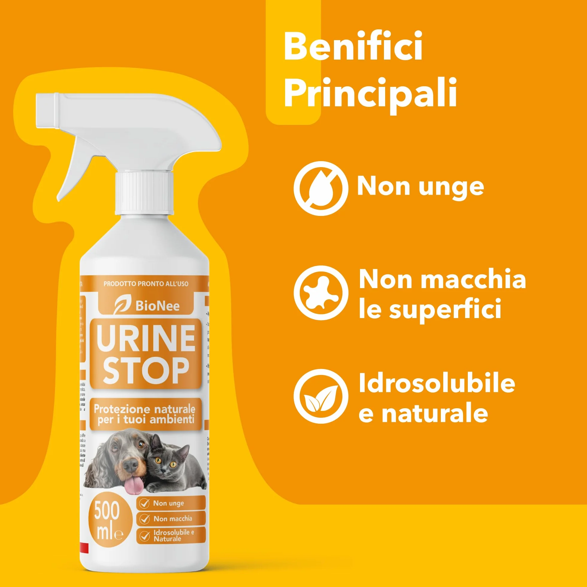 Bionee Urine Stop Spray Naturale per Cani e Gatti 500 ml – Doppia Azione: Disabituante agli Agrumi + Elimina Odori – Pronto all’Uso, Non Macchia, Sicuro per Ambienti Interni ed Esterni