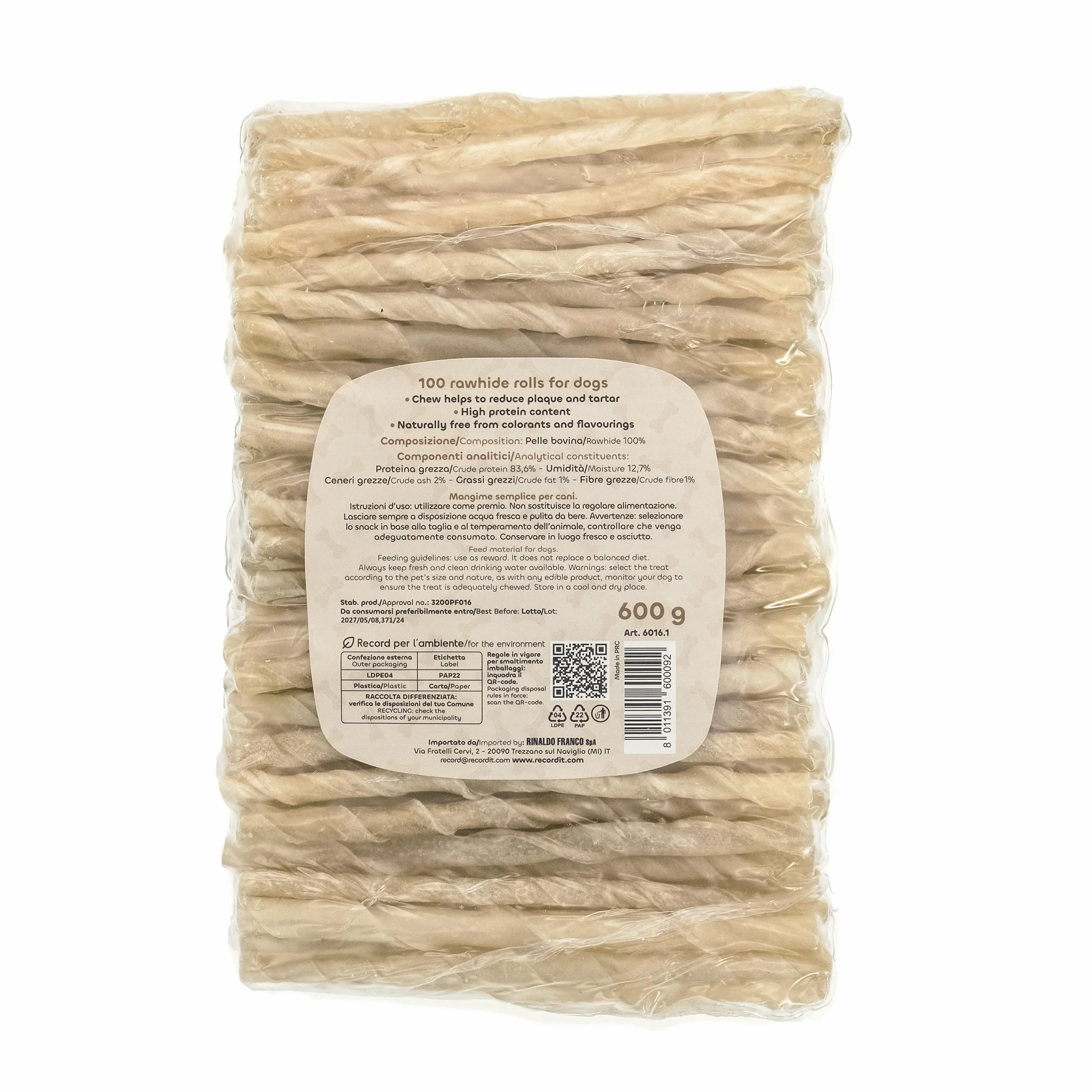 Rotolini di ossa termoretratte in pelle bovina da masticare per cani 100 rotolini medi?