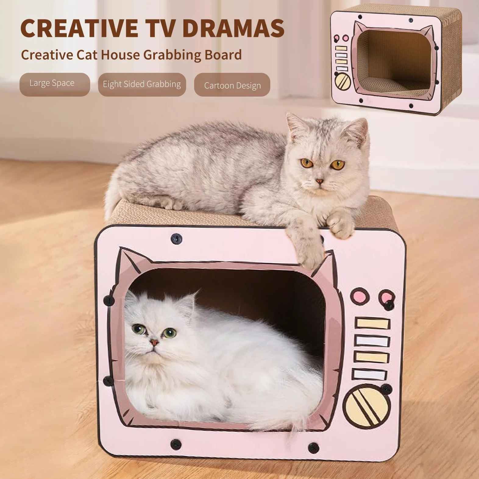 PETCUTE 3 in 1 Tiragraffi per Gatti Cartone,Graffiatoio in Cartone Ondulato Vintage,TV Radio a Forma di Graffiatoio per Gatti Cartone con Fondo Antiscivolo,per Proteggere Mobili,Rosa