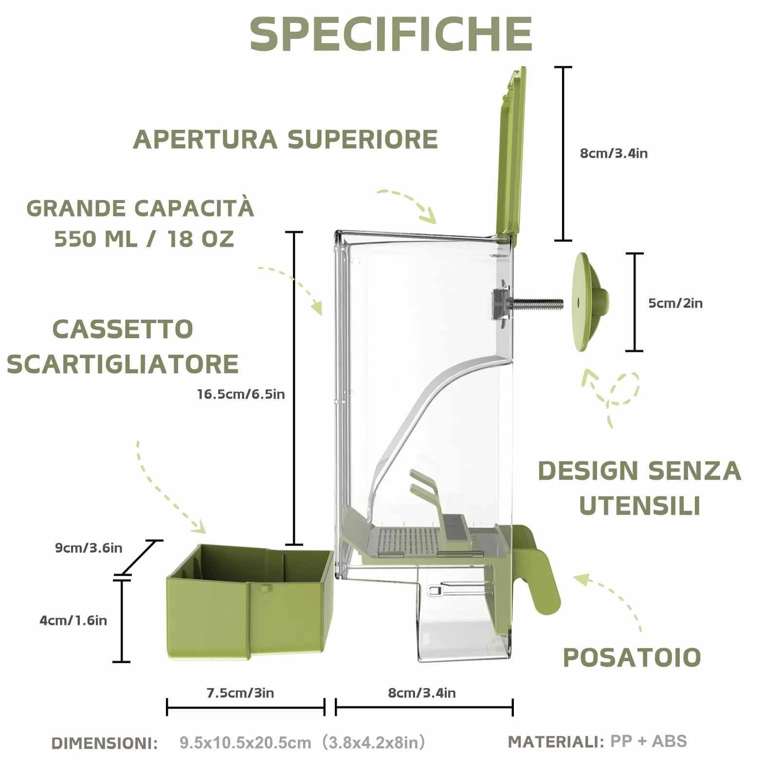 Mangiatoia automatica per uccelli, mangiatoia per gabbia per uccelli con trespolo per parrocchetto canarino calopsitta fringuello (Verde)