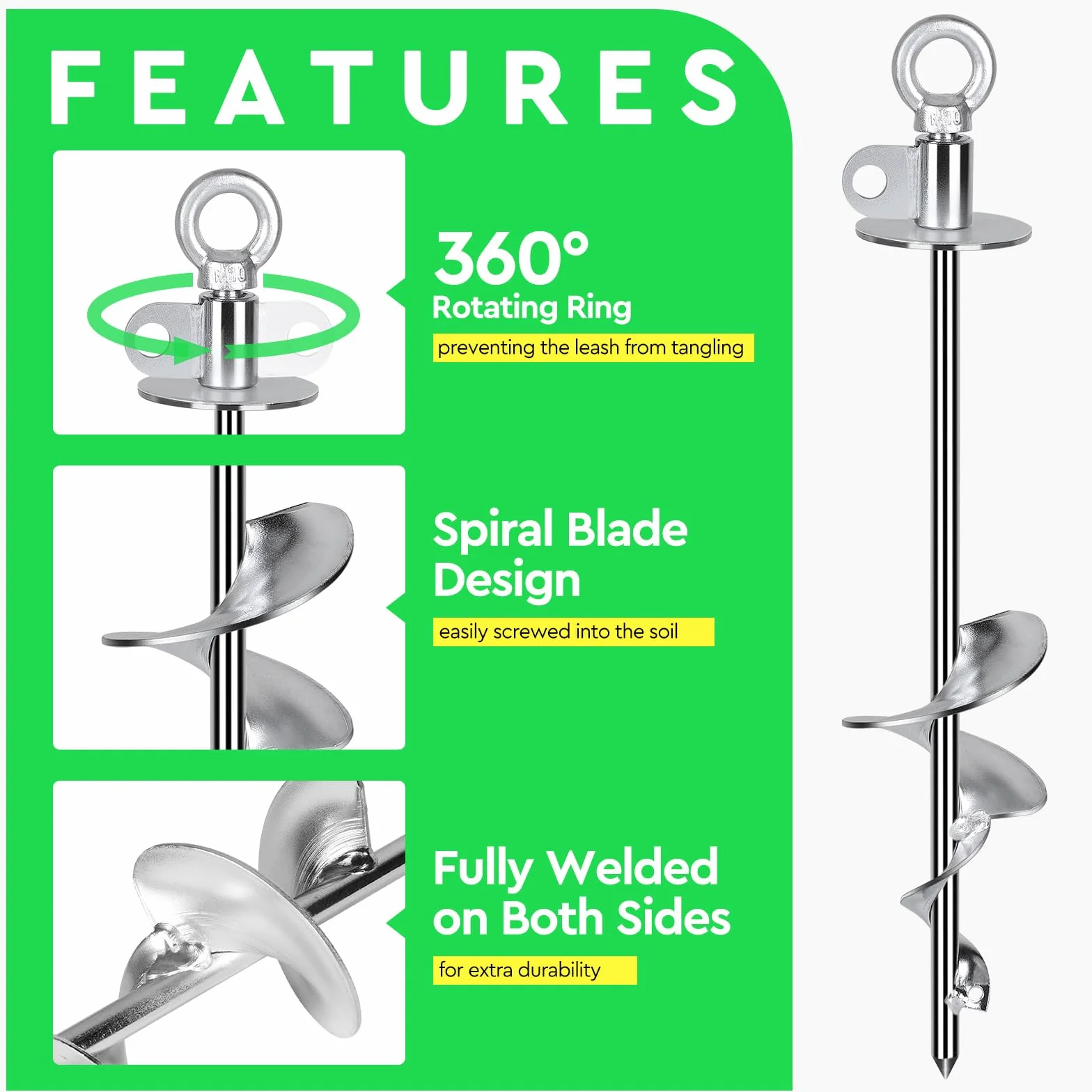 SWAWIS Palo per Cani con Anello Rotante a 360°38cm Argento, per Cani di Peso non Superiore a 100kg, Senza Grovigli, con Spazzola per Pulizia e Piede di Porco, Ancoraggio A Terra per Cortile Campeggio