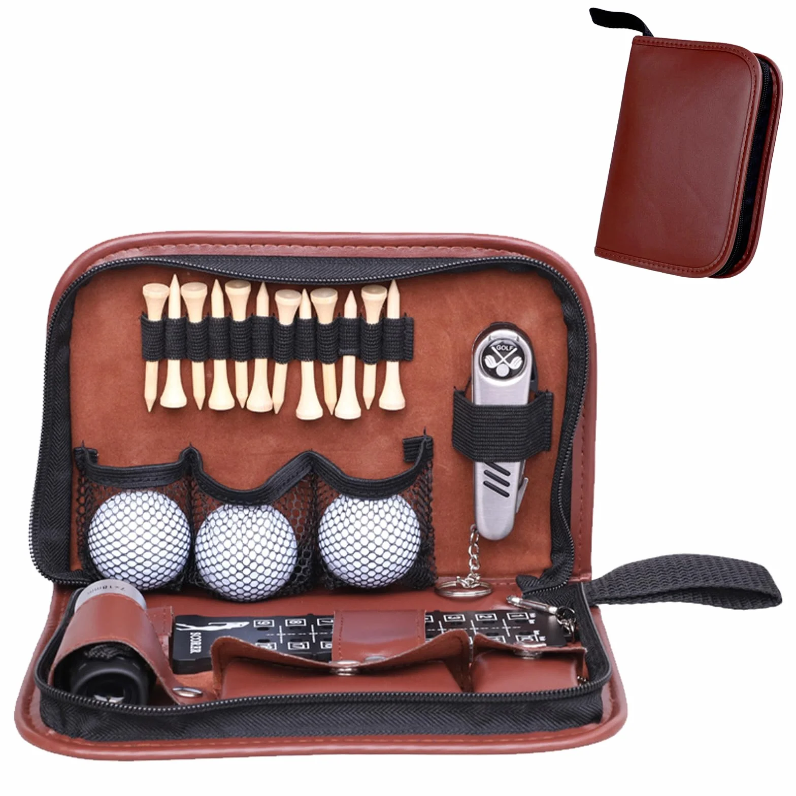 Kit Accessori da Golf Uomo Donna, Borsa Multifunzionale 7 in 1 con Tasca in PU per Golfista