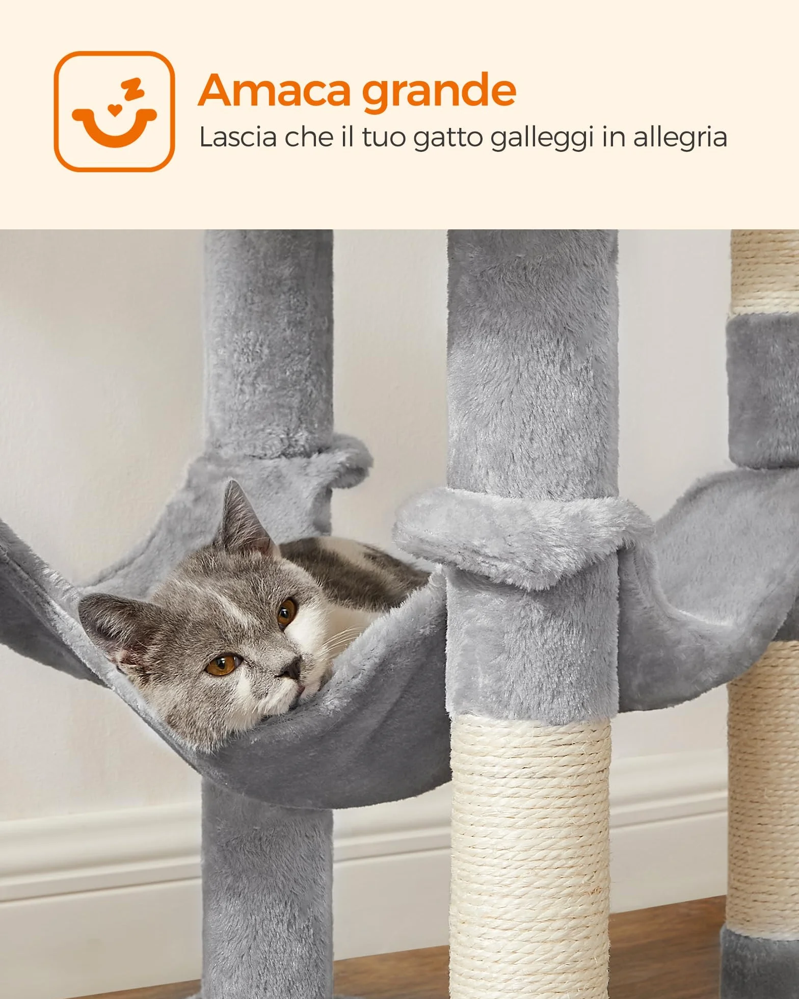 Feandrea Albero per Gatti Alto 143 cm, Tiragraffi per Gatti, con 4 Pali Graffiatoi, 2 Posatoi, 1 Grotta, 1 Amaca, 2 Pompon, in Peluche a Più Livelli, Grigio Chiaro PCT161W01
