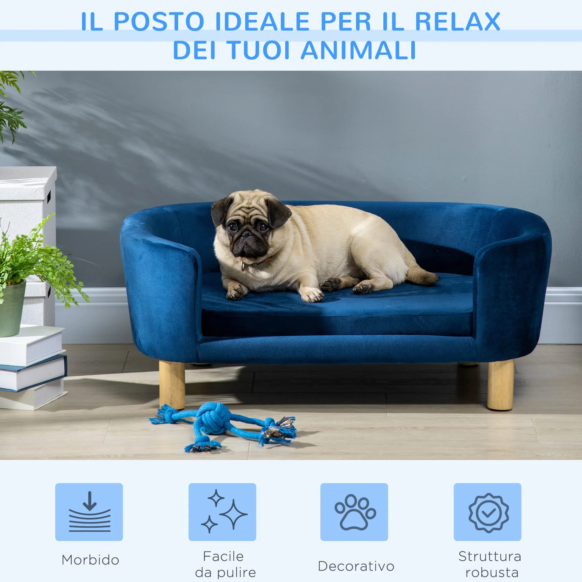 PawHut Cuccia per Cani da Interni, Divano per Gatti o Cani di Taglia Piccola e Media Max. 22.5kg, in Velluto Blu