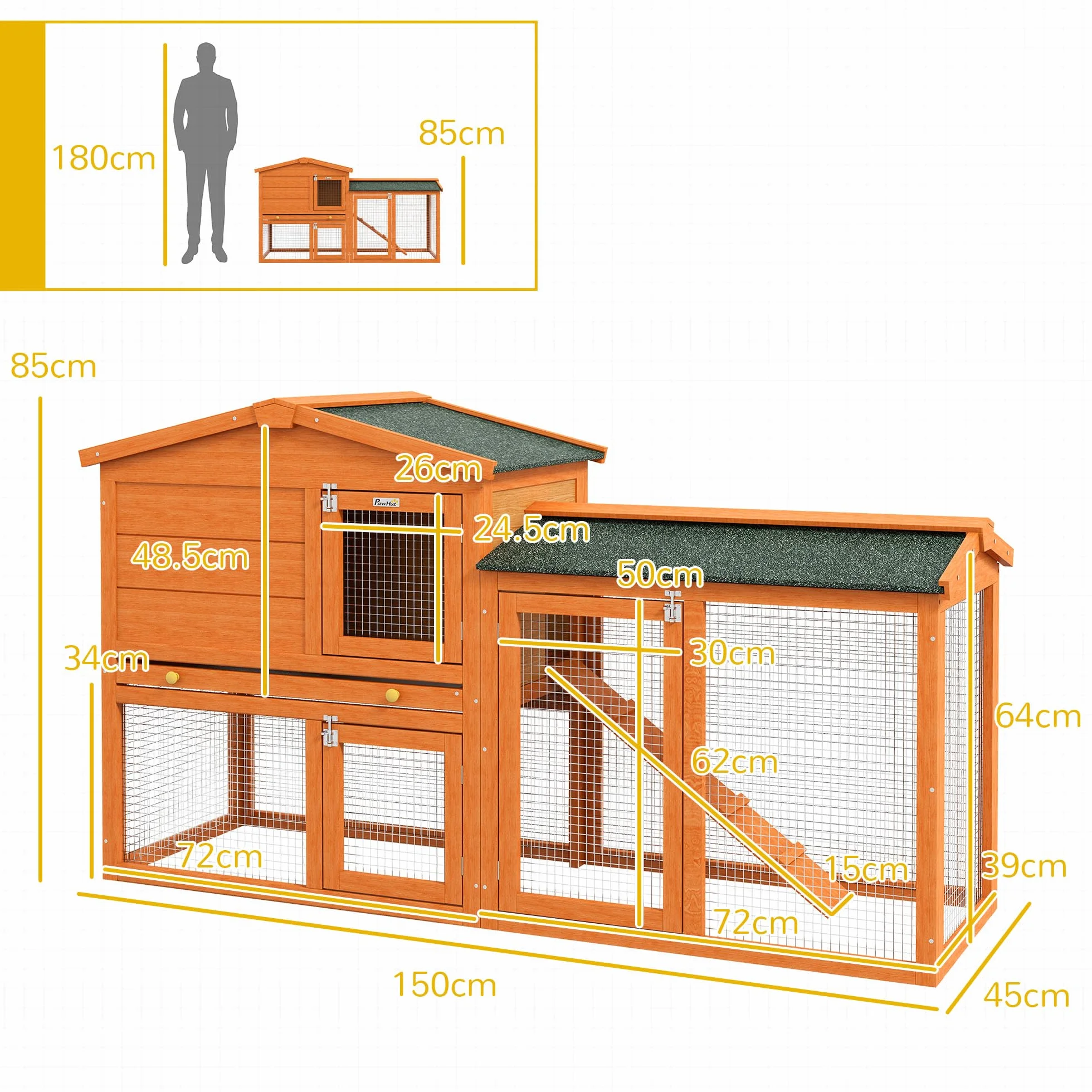 PawHut Conigliera a 2 Piani da Esterno, Gabbia per Animali Domestici in Legno di Abete e Filo di Metallo, 150x45x85 cm, Arancione