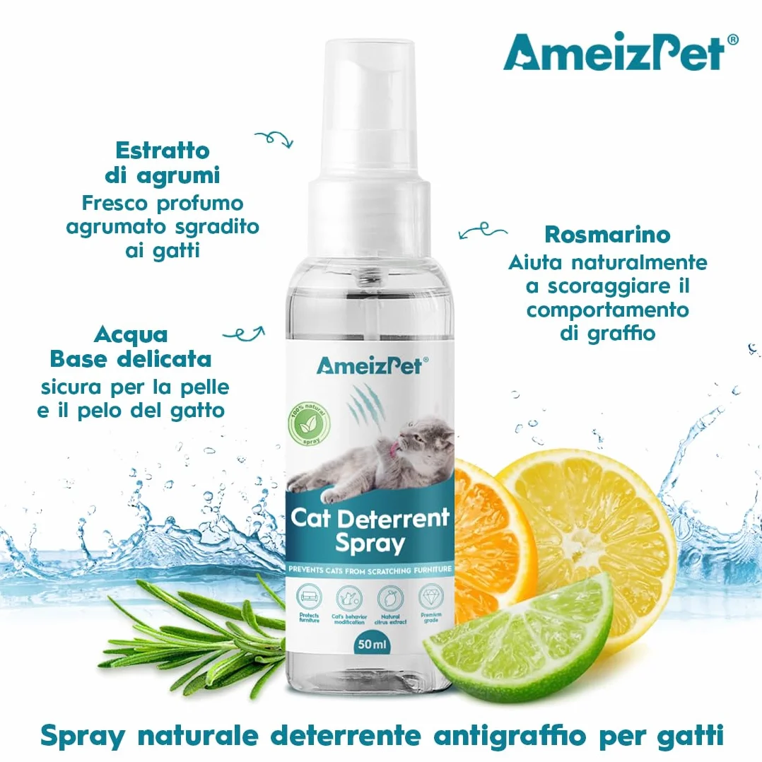 AmeizPet Spray Disabituante per Gatti, Repellente per Gatti, Smetti di Graffiare Mobili, Tappeti, Tende e Piante, Soluzione Sicura ed Efficace, Uso Interno & Esterno, 50 ml (1,69 FL oz)