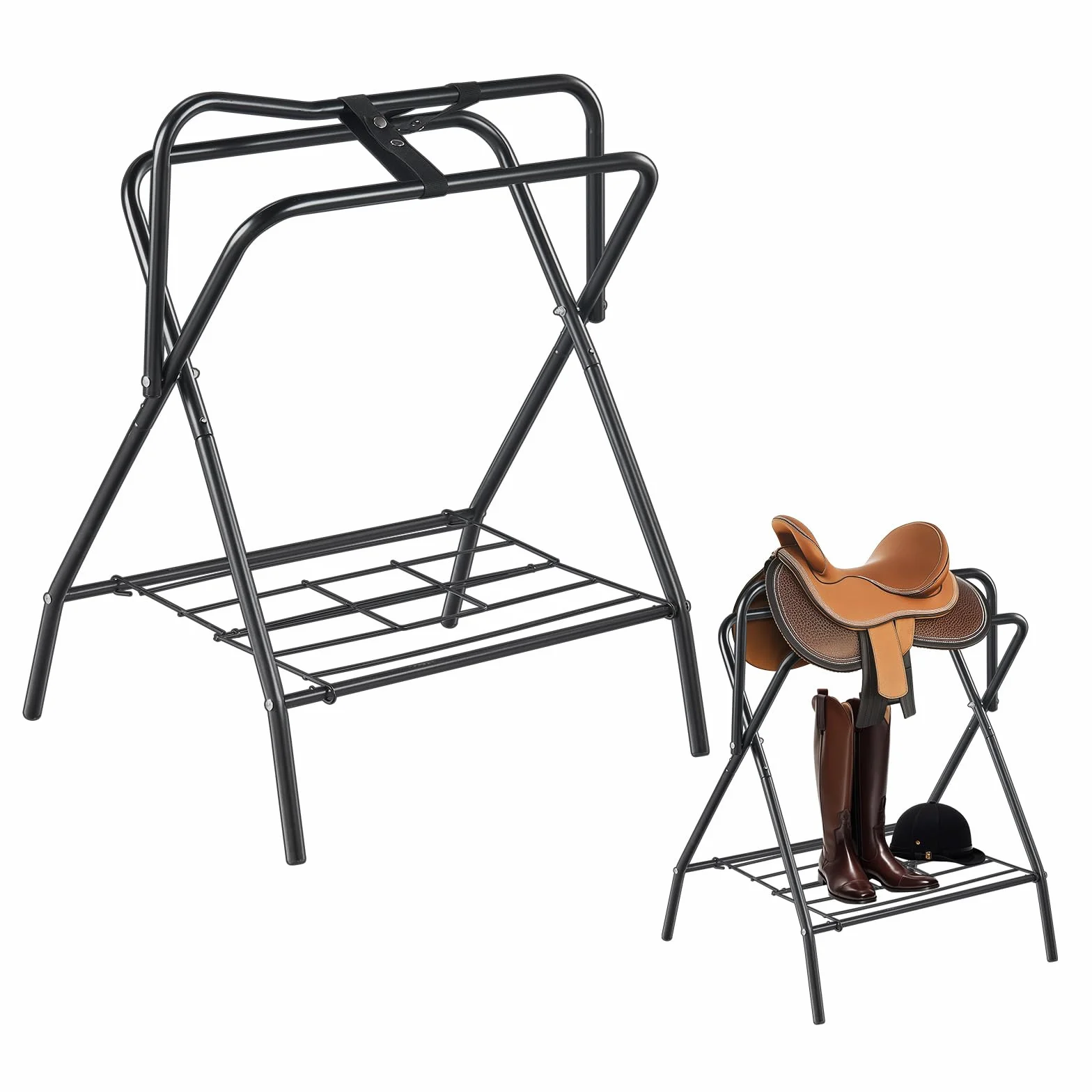 VEVOR Supporto per Sella Pieghevole, Supporto per Sella per Cavallo Indipendente in Acciaio, Supporto per Coperta per Selle Inglesi e Western, Deposito per Finimenti, 2 Pezzi Nero 711 x 482 x 952 mm