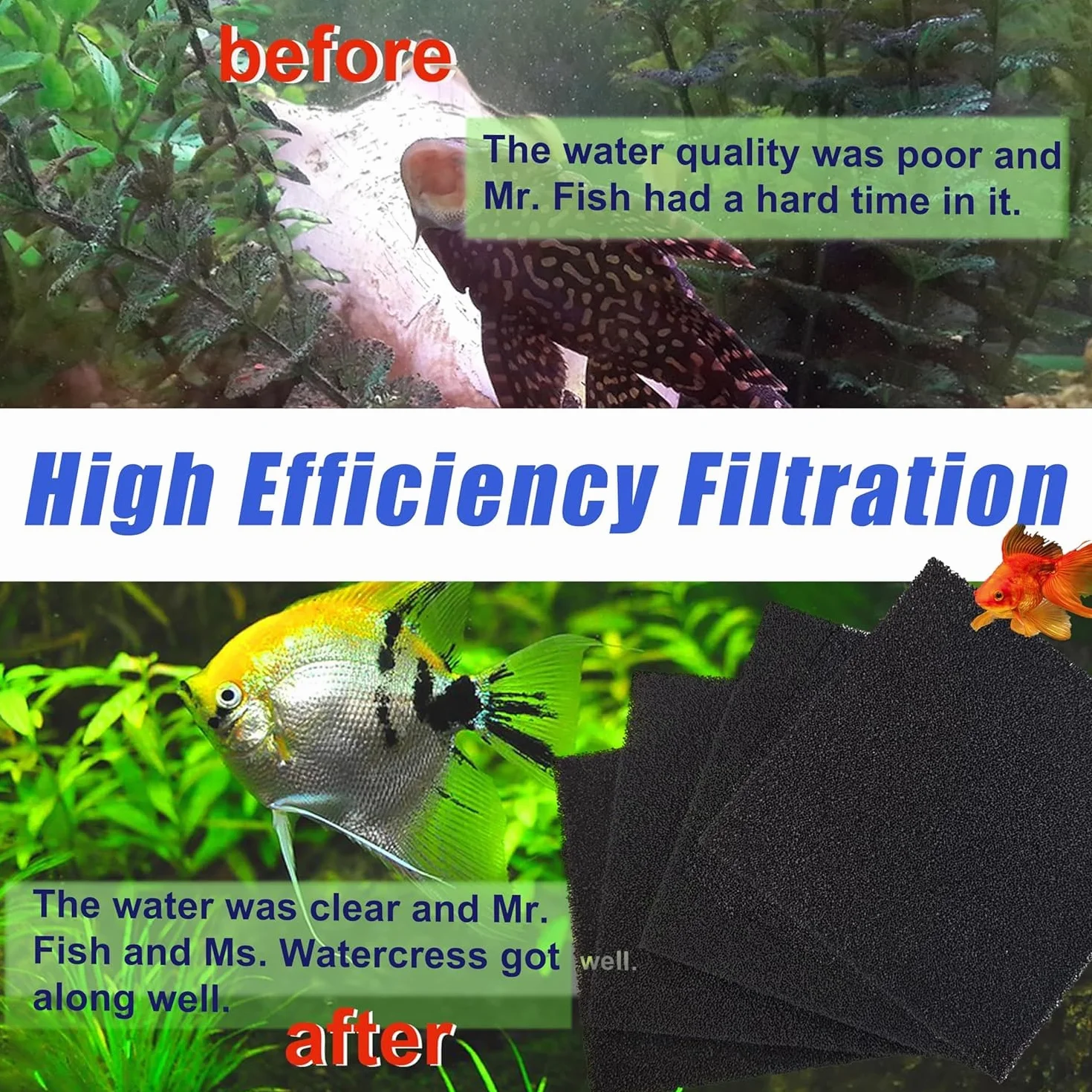 MEISO 5 Pezzi Filtro Carbone Attivo, Cuscinetti di Ricambio per Filtro per Acquario, in Spugna di Carbone Attivo, Filtro Multiuso a Carboni Attivi, Compatibili con Pesci e Acquari