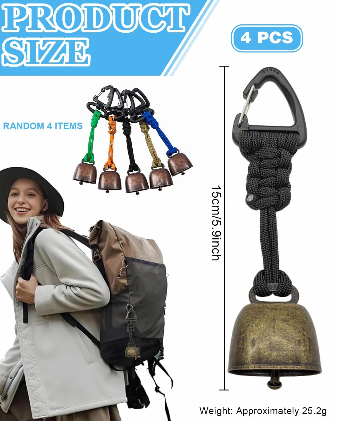 4PCS escursionismo promemoria campana, per escursioni, alpinismo, viaggi, campeggio,campanella,campanella a mano,campanelli per ovini,campanacci per il richiamo