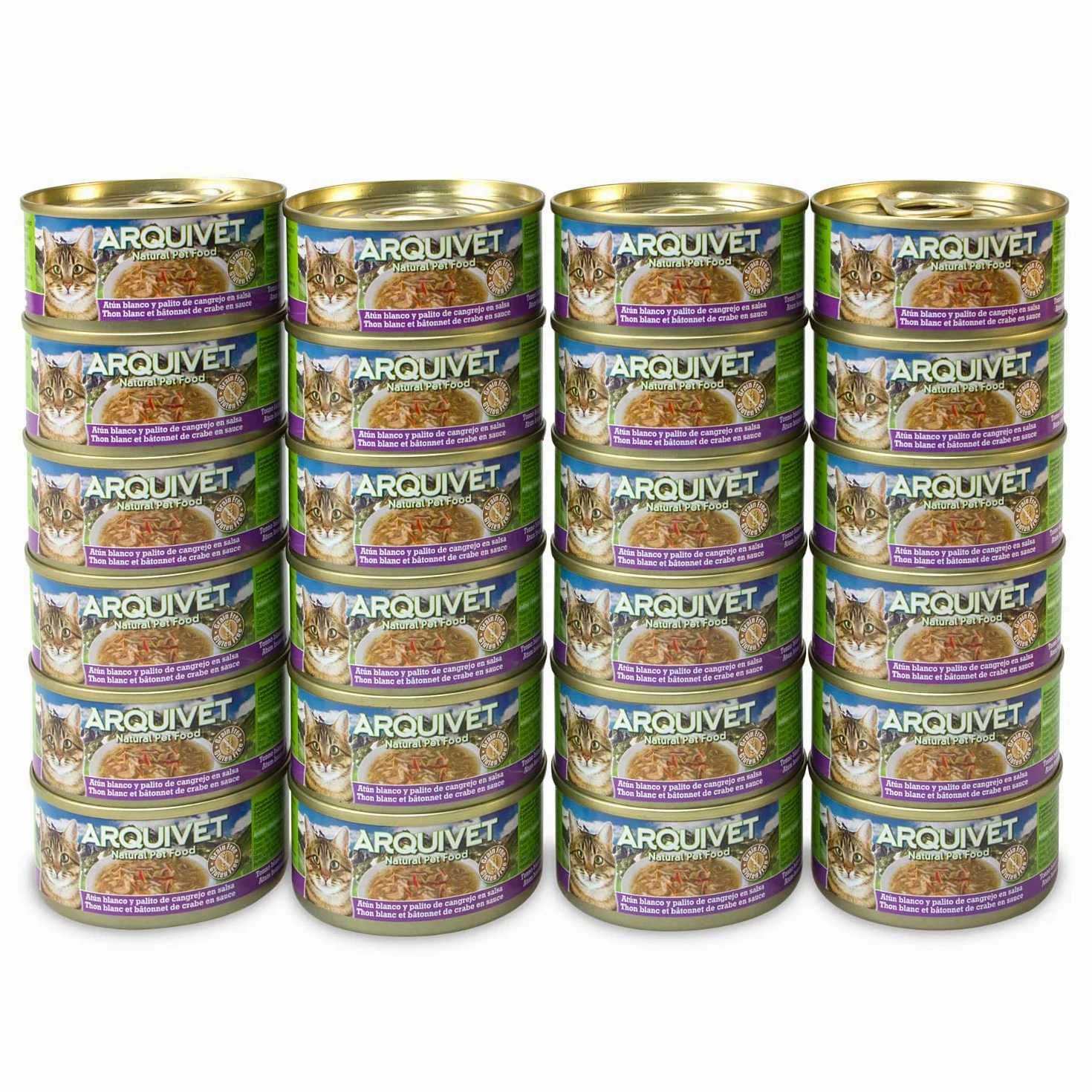 ARQUIVET - Pack 24 unità - Scatolette di tonno bianco con bastoncino di granchio in salsa - per gatti - super premium - ingredienti naturali al 100% - Cibo umido per gatti - 80 gr.