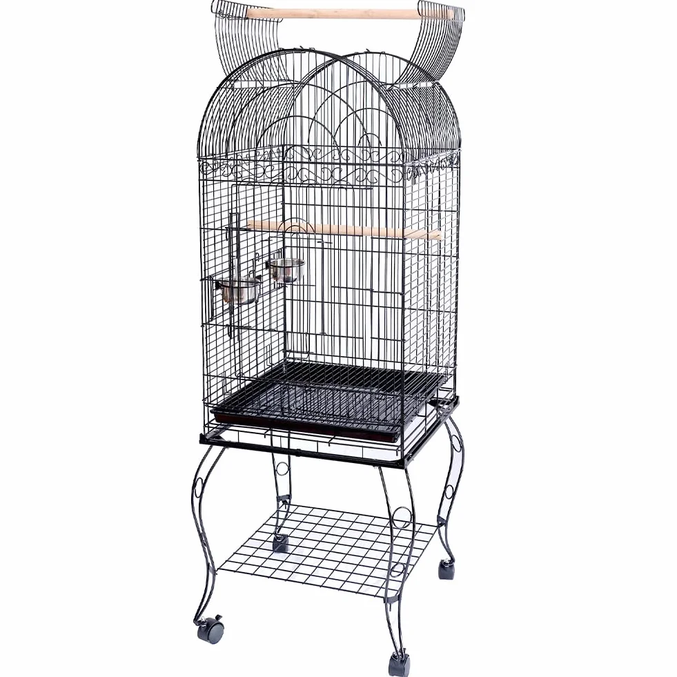 BAKAJI Gabbia Voliera per Uccelli, Pappagalli Inseparabili, Parrocchetti, Volatili con Carrello e Tetto Apribile in Metallo e Legno Nero Gabbietta con Posatoi e Ruote con Blocco, 59 x 59 x 150 cm