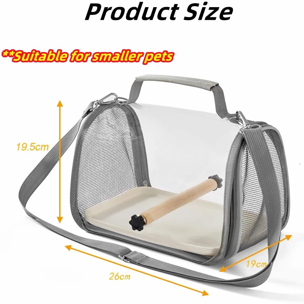 Borsa per uccelli,borsa da viaggio,completamente trasparente,19,5*26*19cm,portauccelli portatile con vassoio in plastica,palo di legno,traspirante per animali domestici,1 molari da pietra (grigio.)