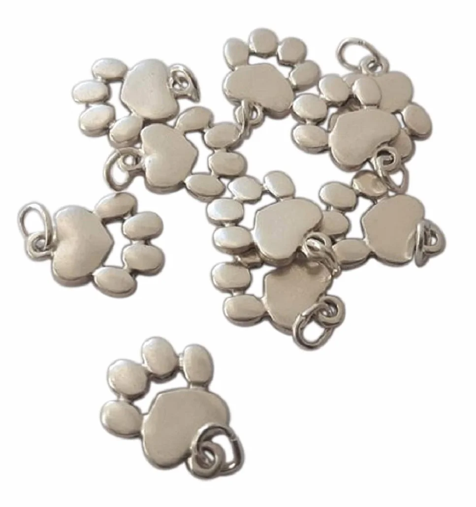 Ciondoli Zampetta Cane e Gatto Placcati Argento 10 Charm Fai da Te Gioielli Bracciali Zampa Cucciolo 1,6 cm