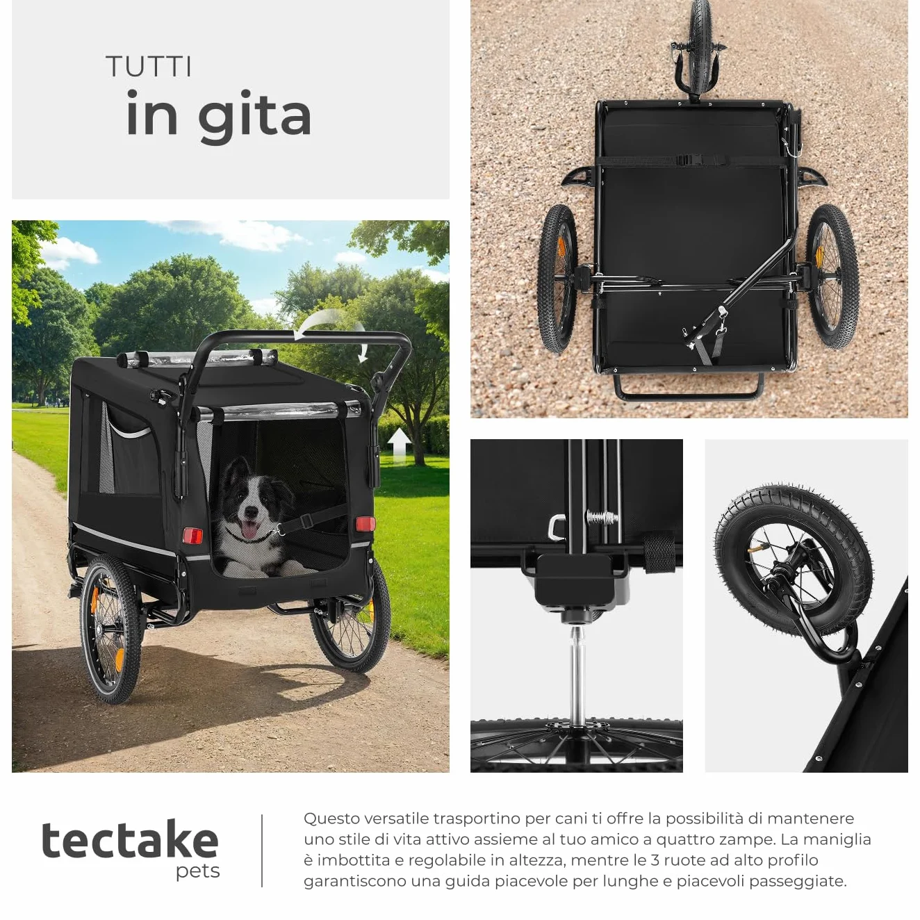 tectake® Carrello per Cani WoofRider, Multifunzionale con Bandierina di Segnalazione, Trasportino da Bicicletta, Jogger per Cani con Struttura Richiudibile, Inserti Mesh Traspiranti - Nero