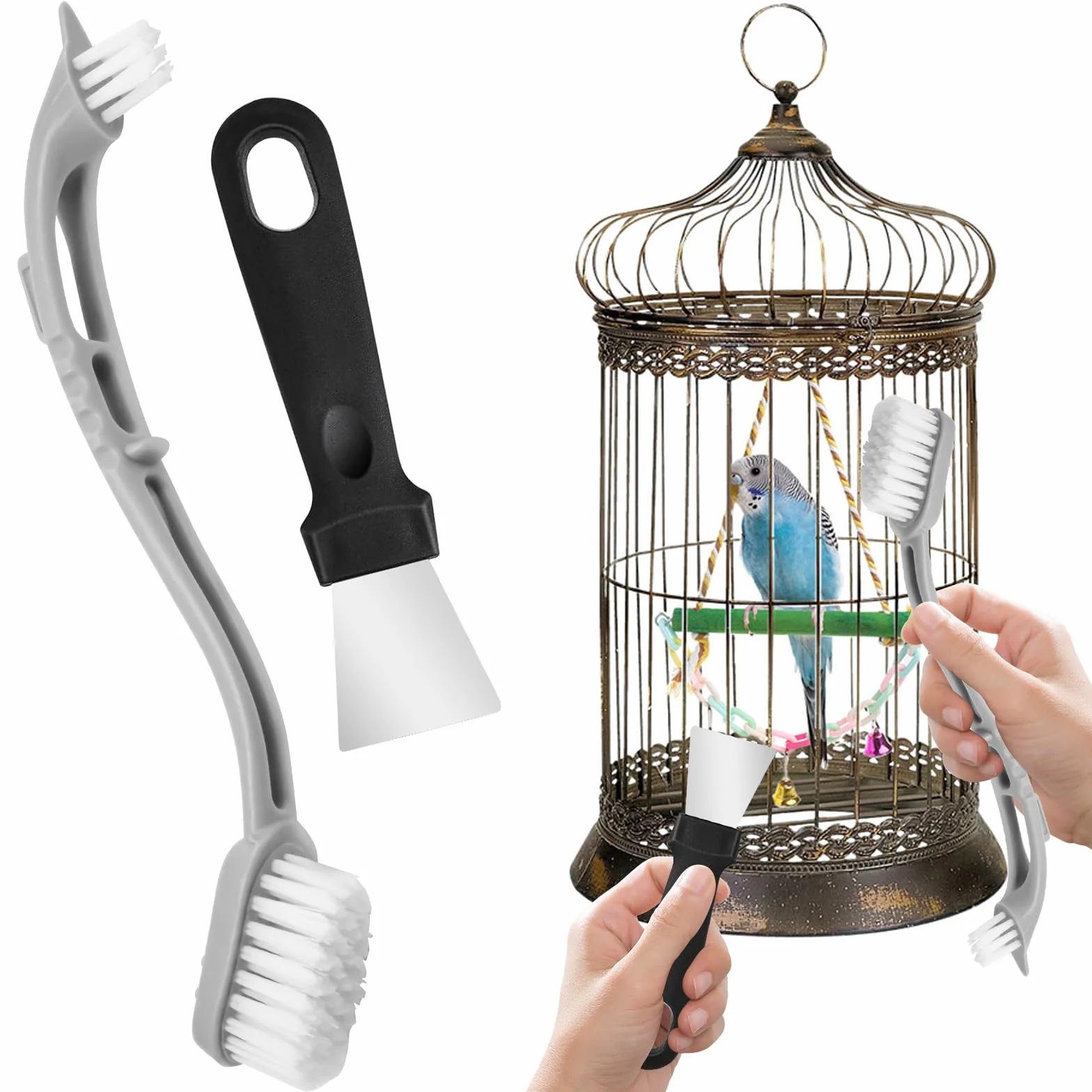 Pulitore per gabbie per uccelli con spazzole anteriori e posteriori, raschietto per la pulizia, utensile con manico lungo, strumento per la rimozione degli escrementi di uccelli, utensili in