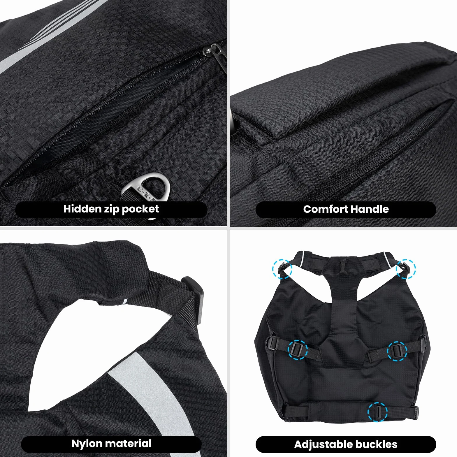 EXCELLENT ELITE SPANKER Zaino riflettente a forma di Y per cani con maniglie e tasche, senza anelli a D, leggero, attrezzatura da escursionismo per cani, caccia, viaggi.(BLK)