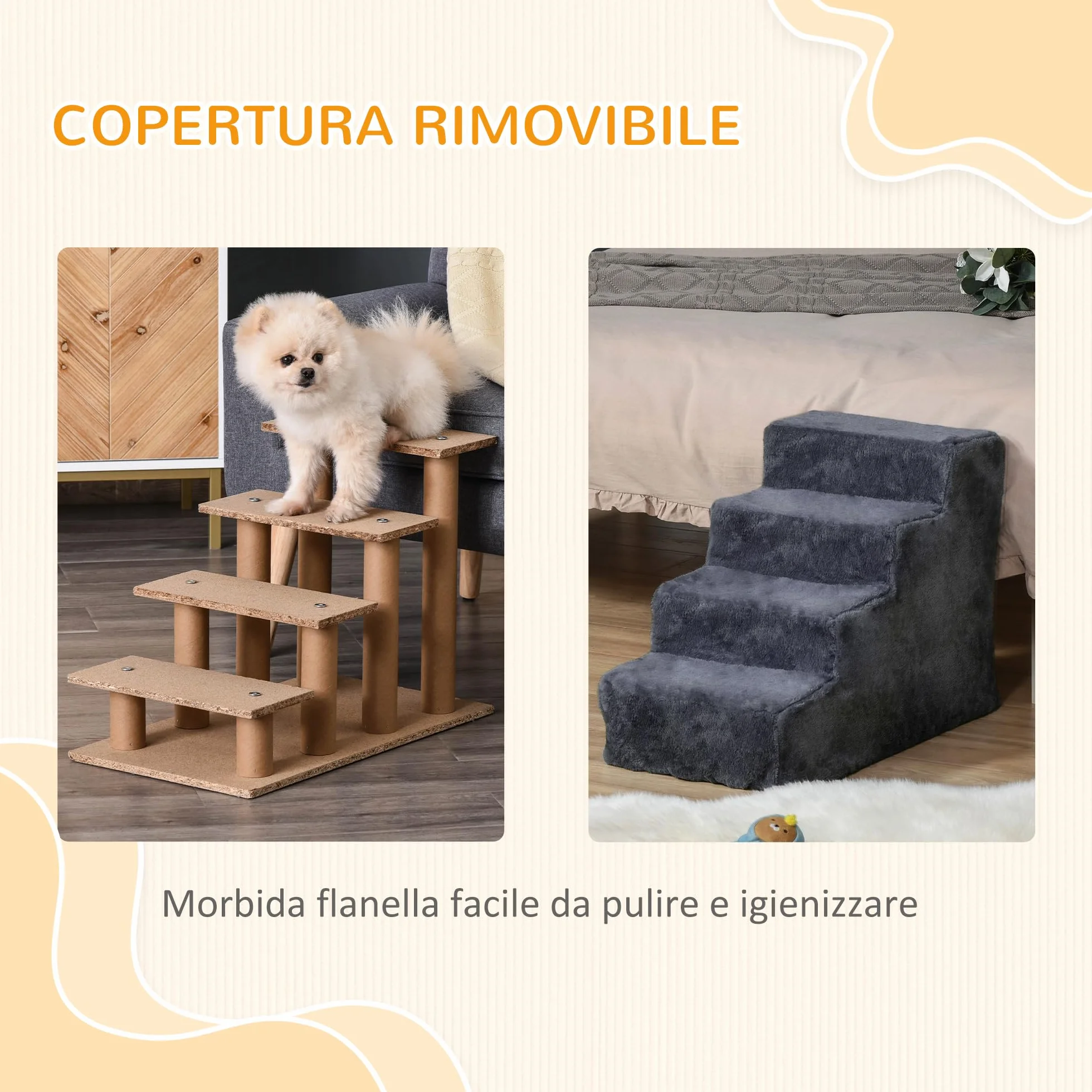 PawHut Scala per Cani 4 Gradini 60x35x44 cm Scaletta per Cani Gatti 10 KG Tessuto Vellutato Sfoderabile Lavabile Grigio Scuro