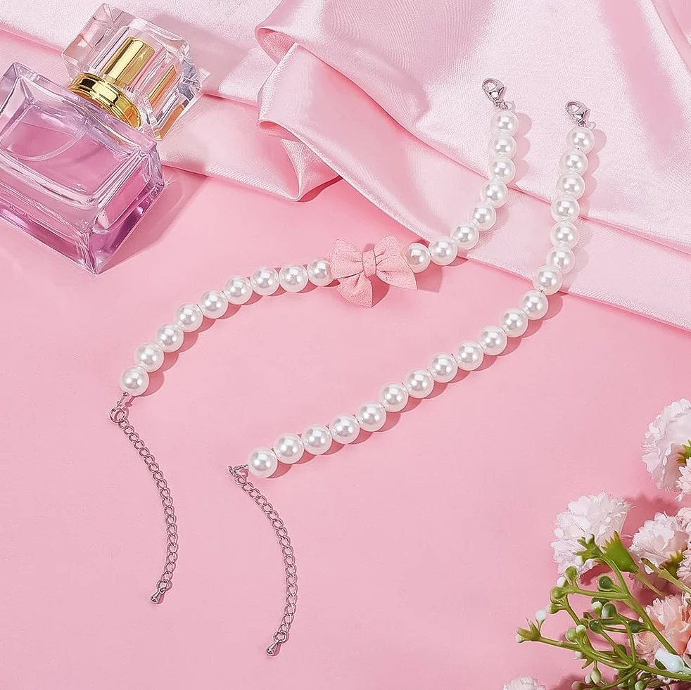 BENECREAT Collana Collare di Perle per Cani e Gatti 205~210mm Fiocco Rosa