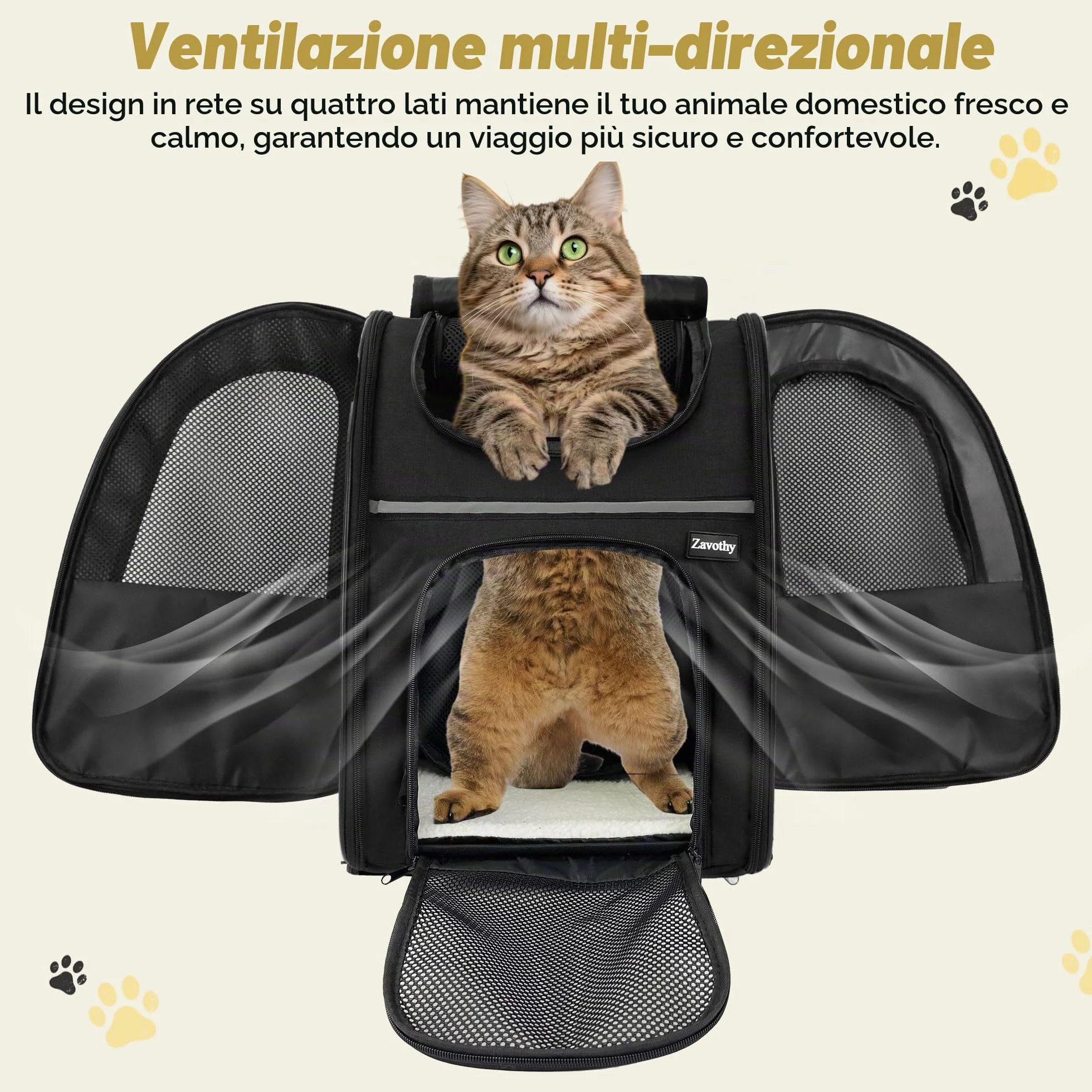 Zavothy Zaino per Cani e Gatti, Zainetto Trasportino Portatile e Pieghevole, con Finestra a Rete e Supporto Imbottito per la Schiena, Traspirante, Carico Massimo 8kg (Nero)