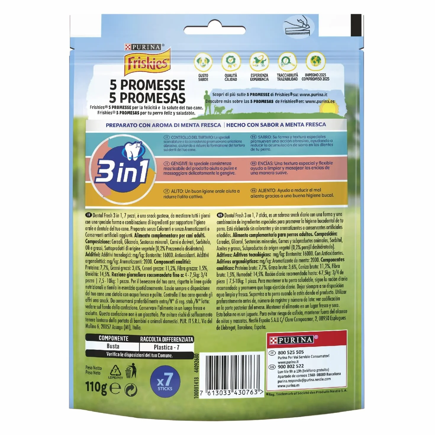 PURINA FRISKIES Dental Fresh Snack per l'Igiene Orale per Cani Adulti Stick 6 Confezioni da 110g