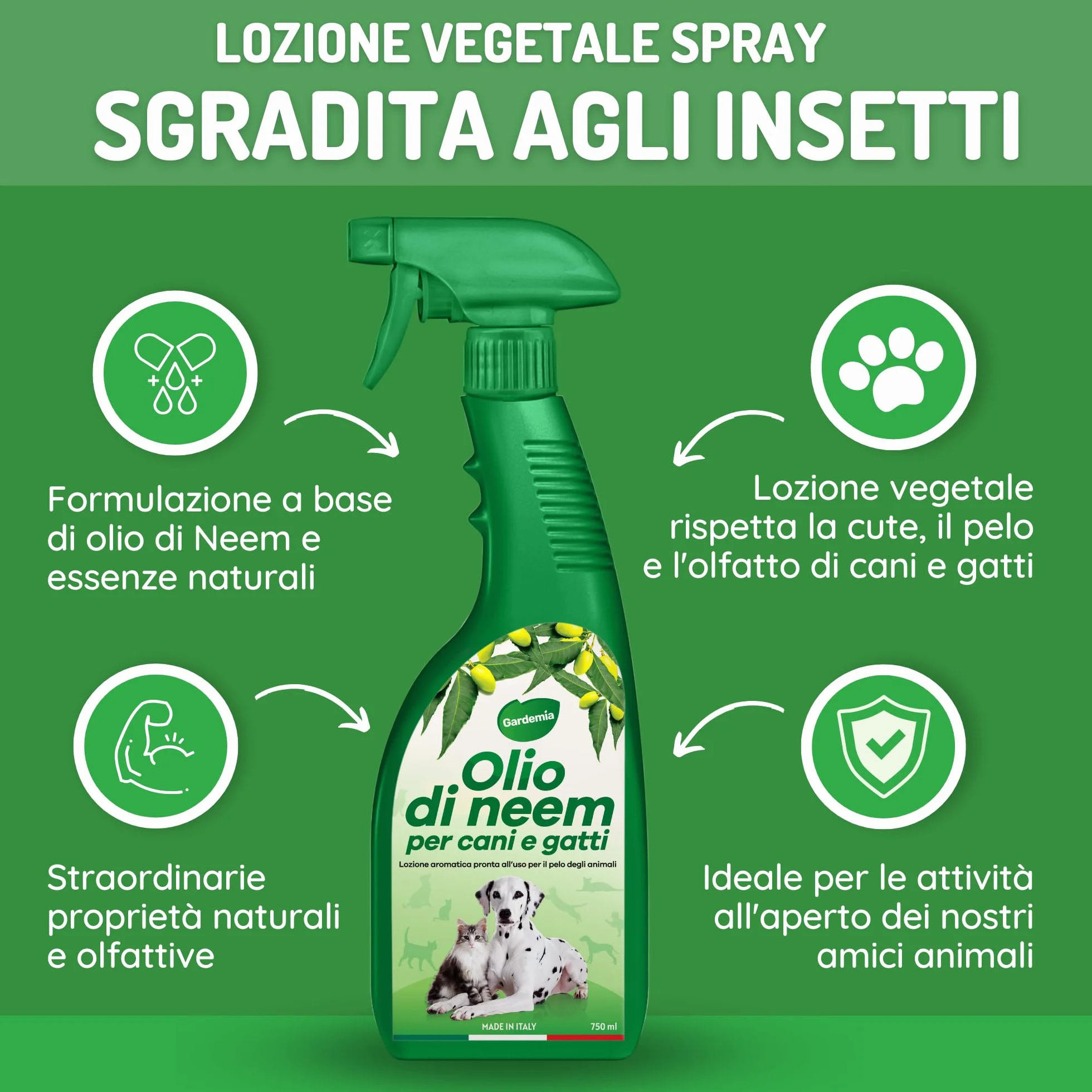 Gardemia Olio di Neem per Cani Gatti Spray 750ml Sgradito a Zecche Pulci Zanzare Insetti Azione Naturale Effetto Barriera abbinabile a Repellente Antipulci Antiparassitario Aroma Gradevole