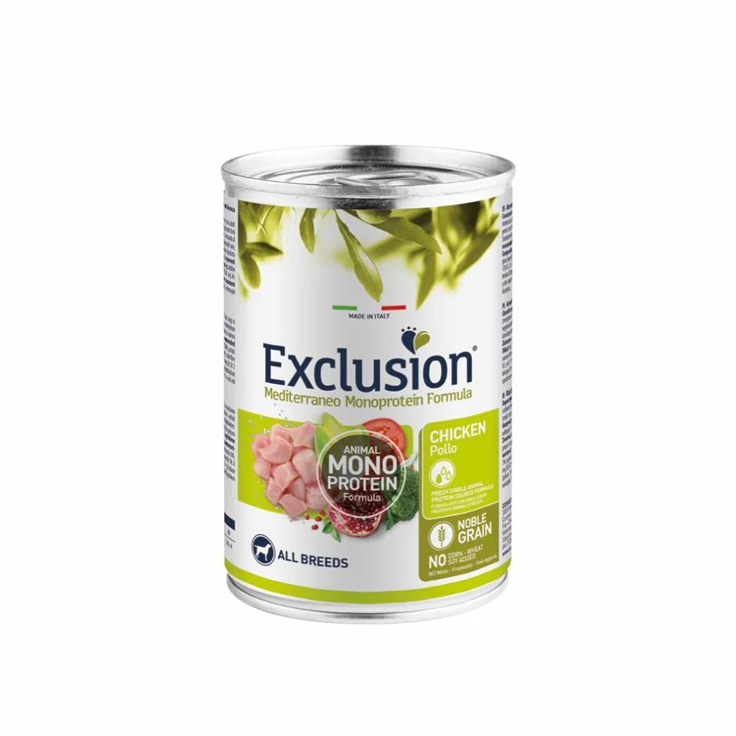 Exclusion Umido Cane Monoprotein Adult All Breeds Pollo, alimento completo per cani adulti di tutte le taglie, monoproteico, gusto POLLO | 6 scatolette da 400 grammi l'una.
