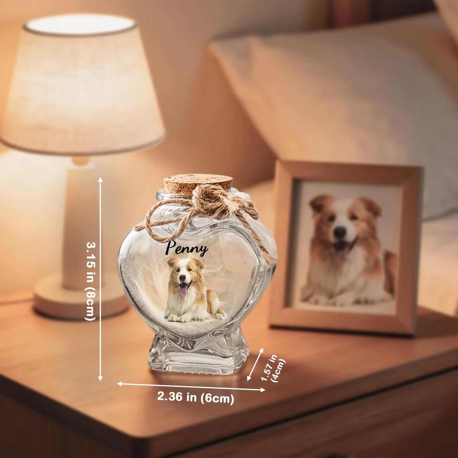 Barattolo di Vetro a Forma di Cuore Personalizzato per Animali Domestici, con Foto e Nome Personalizzabili. può Contenere Ceneri o Pelo. Regalo commemorativo per Animali Domestici (Heart)