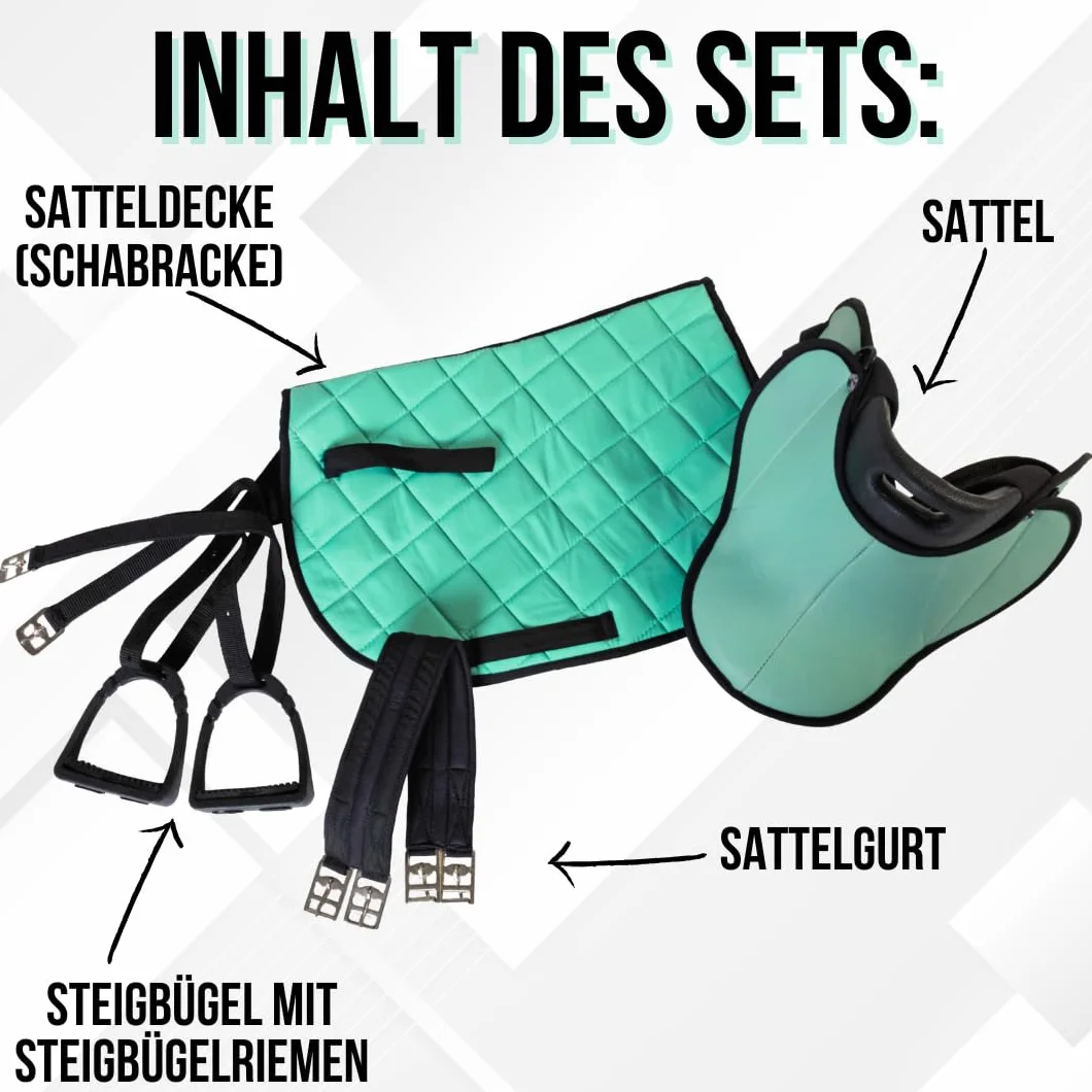 German Riding Set completo sella per shettys o cavalli in legno, sella per bambini, turchese