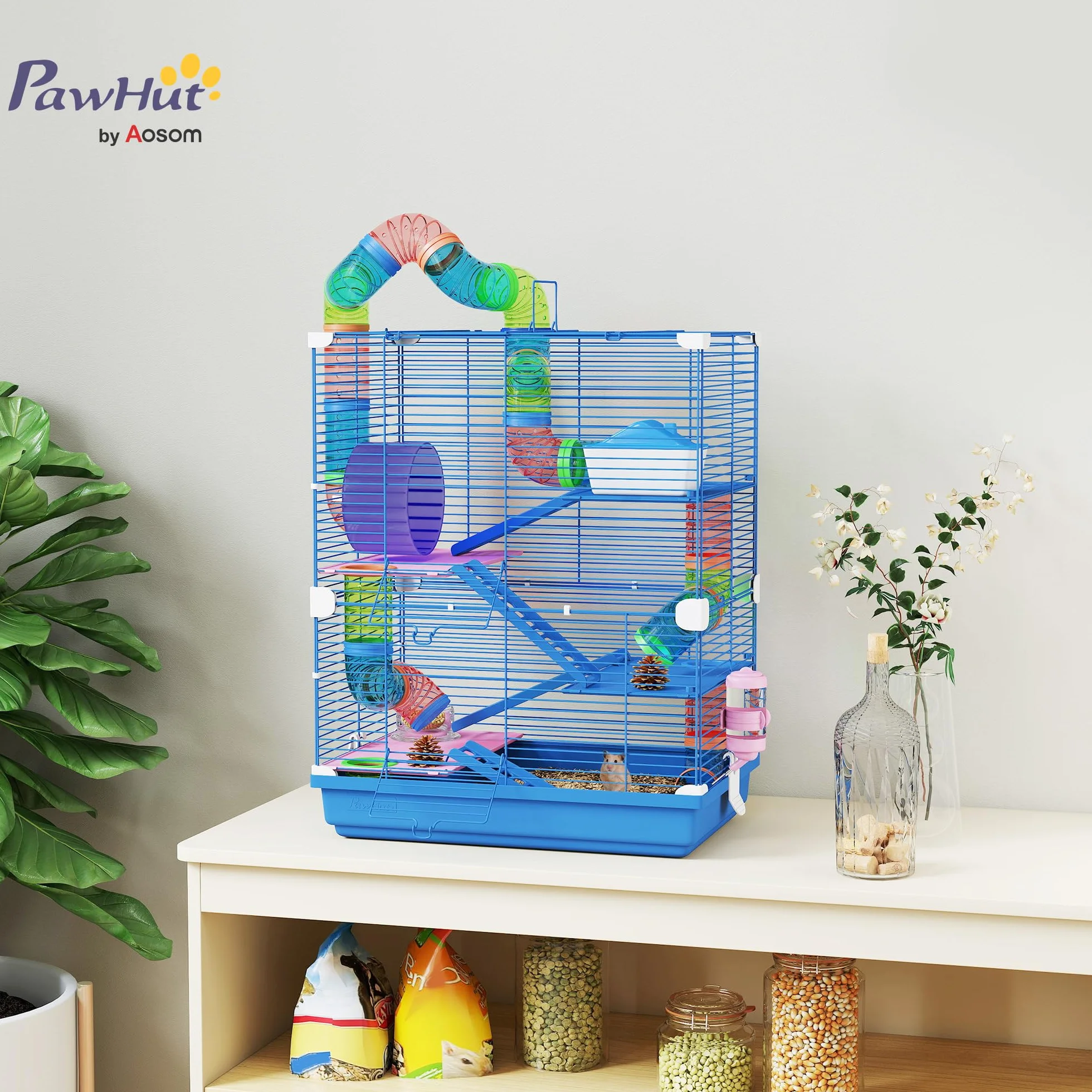 PawHut Gabbia per Criceti a 5 Livelli con Tubi, Ruota, Casetta, Scale e Bottiglia, Gabbietta per Roditori in Metallo e Plastica, 46x30x58 cm, Blu Scuro