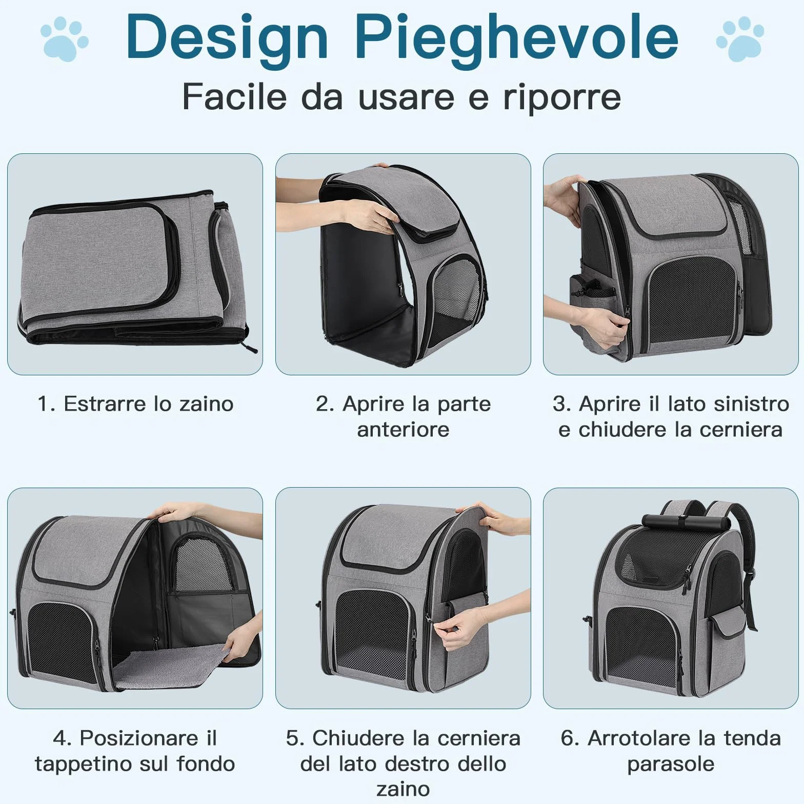 Zaino per Cani Gatti 10 kg Traspirante con Finestra a Rete e Guinzaglio Interno - Grigio