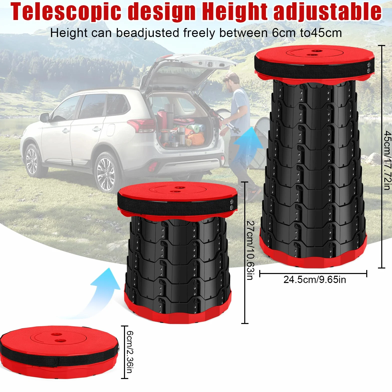 Sgabello Pieghevole Portatile Telescopico da Campeggio Altezza Regolabile 180 kg Rosso