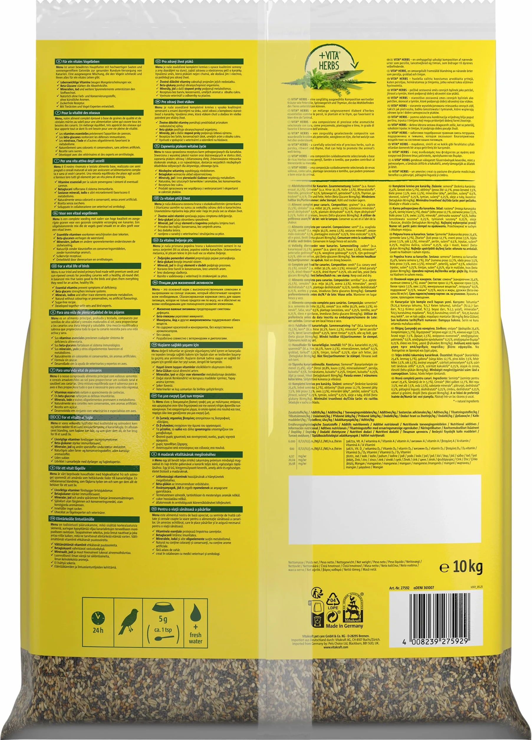 Vitakraft Menu 10 kg, mangime principale per canarini, con vitamine, complesso attivo immunitario ed erbe aromatiche (1 x 10 kg)