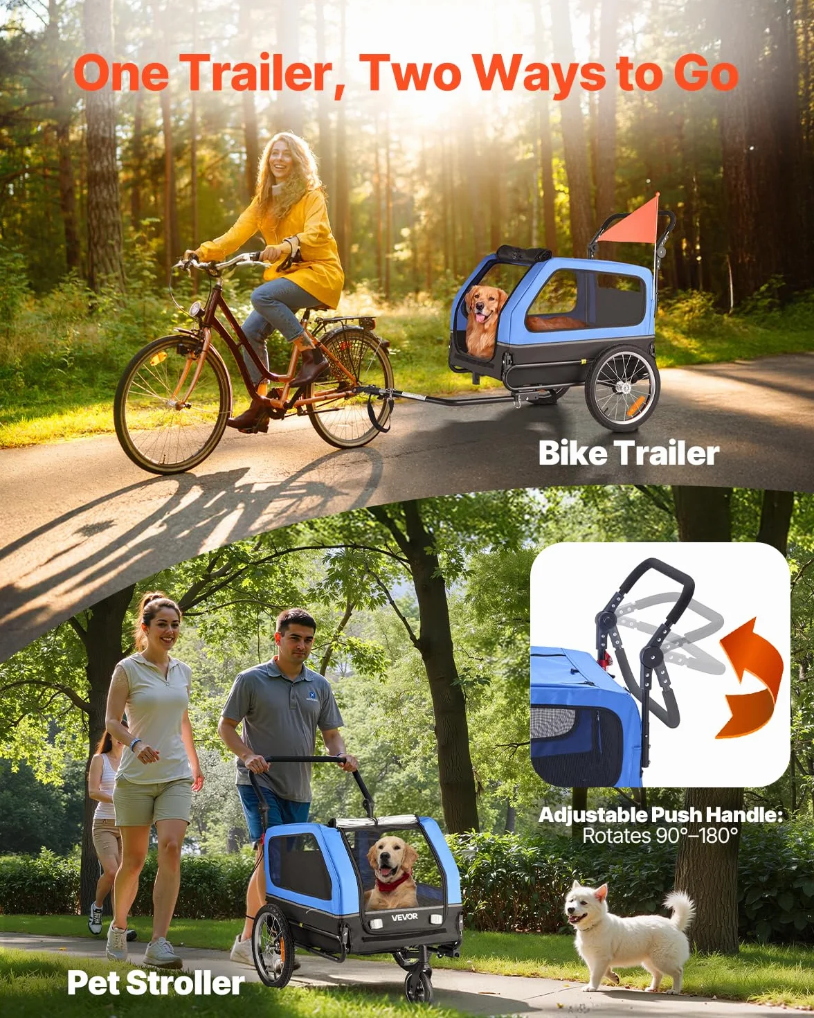 VEVOR Rimorchio per Bici per Cani, Supporta Fino a 40 kg, Carrello Portabici, Telaio Pieghevole Facile con Ruota a Sgancio Rapido, Attacco Universale per Bicicletta, Guinzaglio Interno