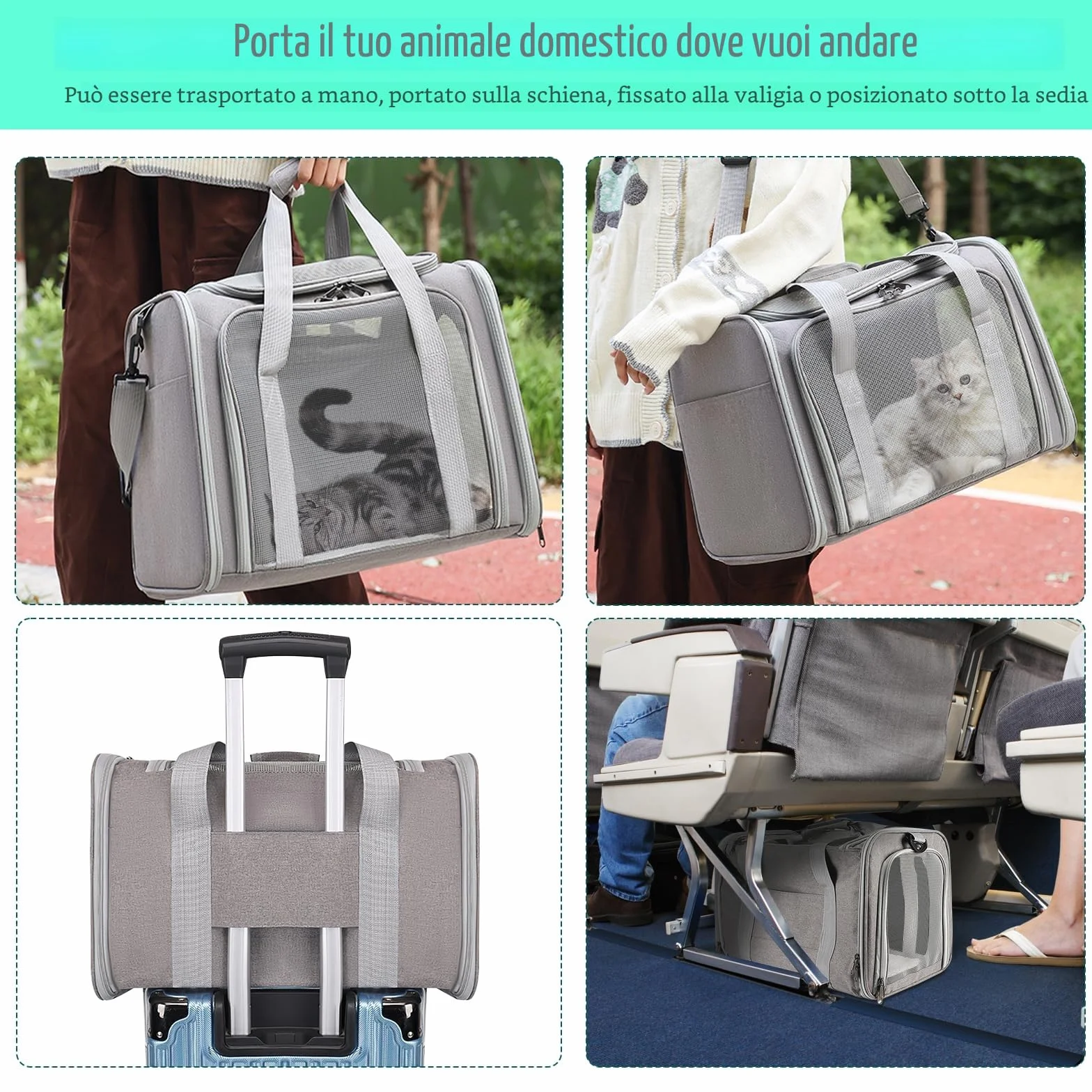 Borsa per il trasporto di gatti pieghevole traspirante 45x30x30 cm 7 kg grigio