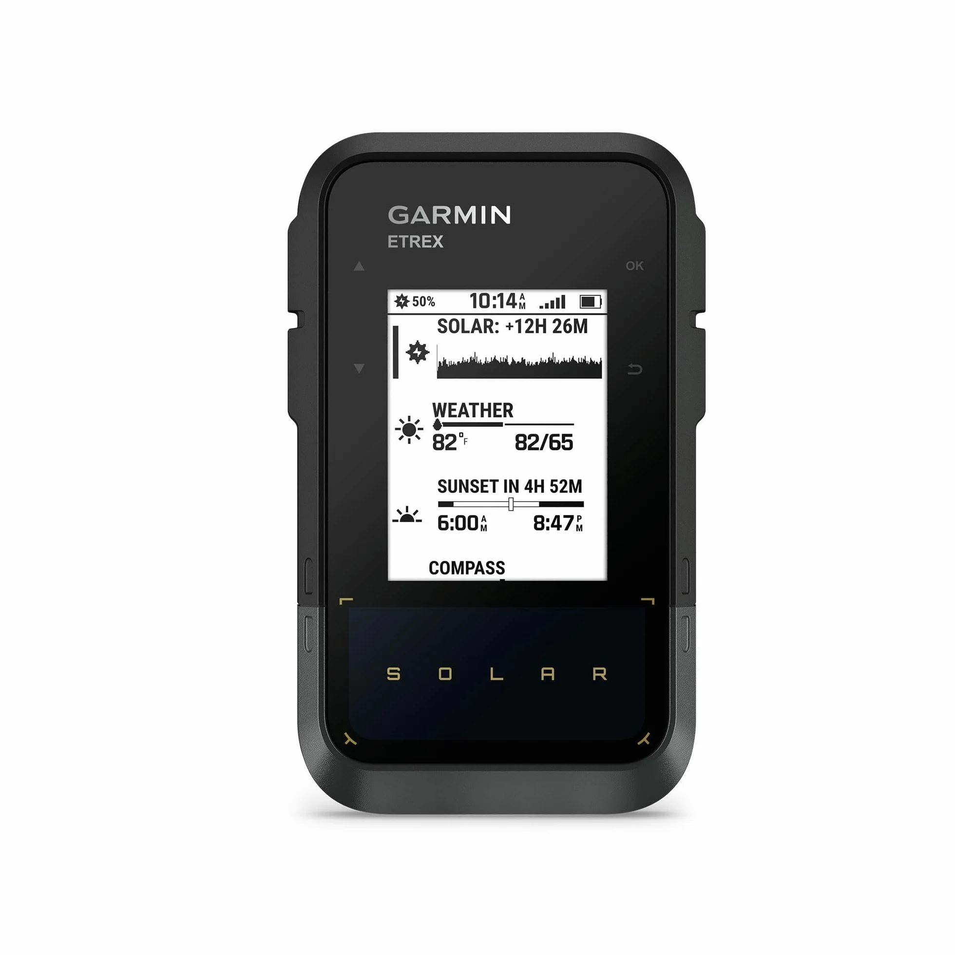 Garmin eTrex Solar, GPS portatile, Ricarica solare, Autonomia potenzialmente infinita, GPS doppia frequenza, Display da 2,16", Garmin Explore, Bussola elettronica, Geocaching Live, Black