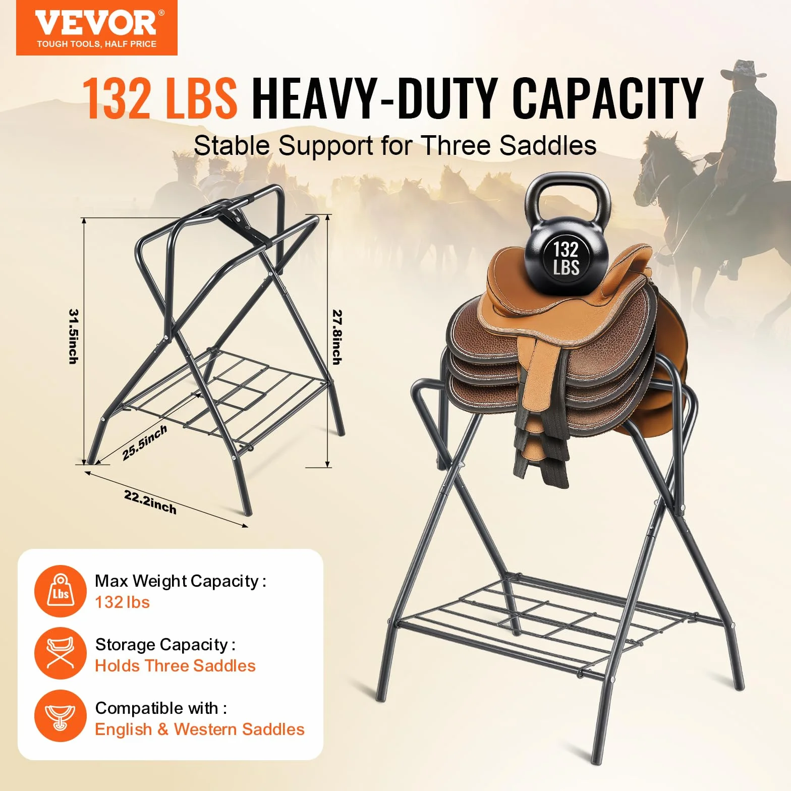VEVOR Supporto per Sella Pieghevole, Supporto per Sella per Cavallo Indipendente in Acciaio, Supporto per Coperta per Selle Inglesi e Western, Deposito per Finimenti, 2 Pezzi Nero 711 x 482 x 952 mm