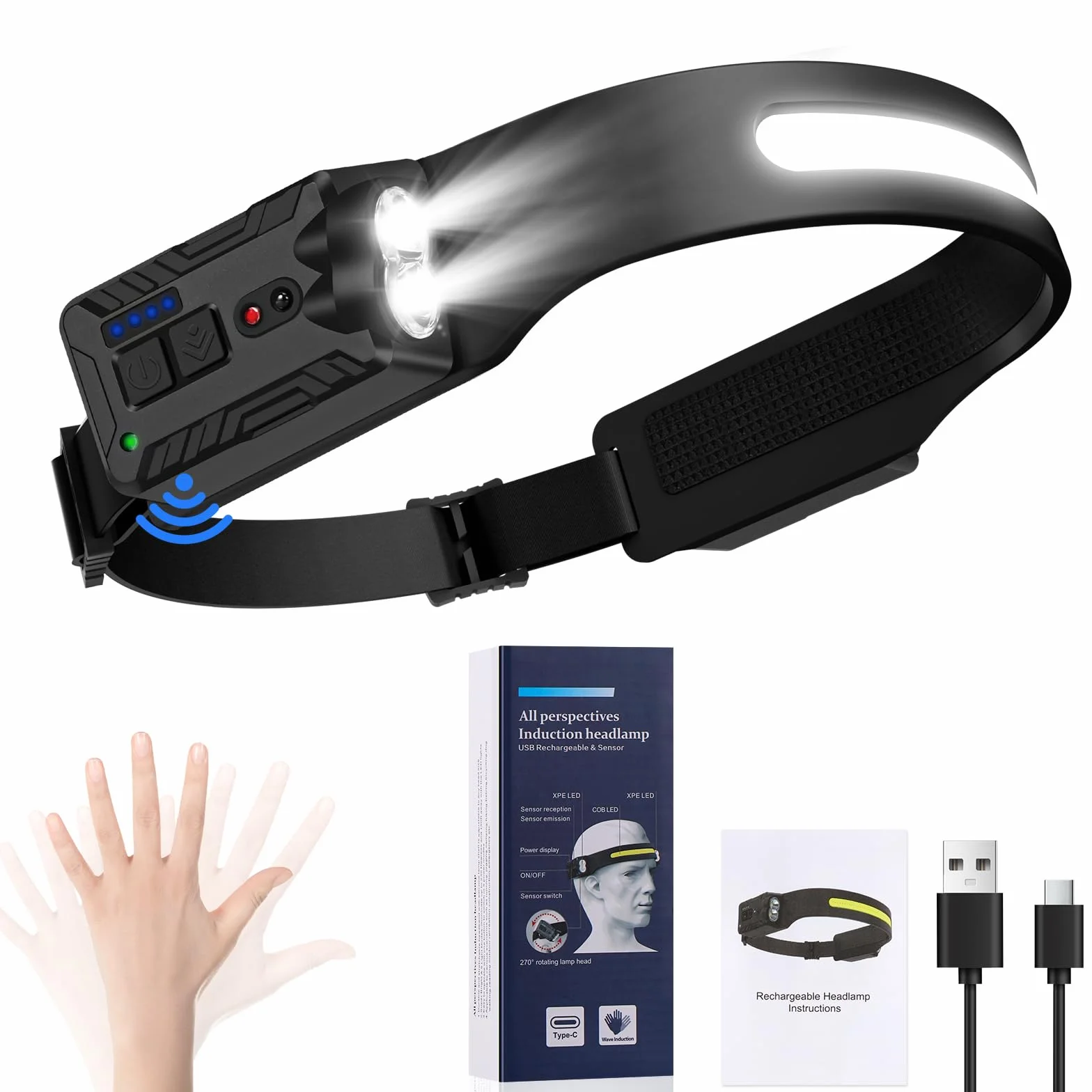 Oderra Torcia Frontale LED Ricaricabile Impermeabile IPX4 8 Modalità Illuminazione
