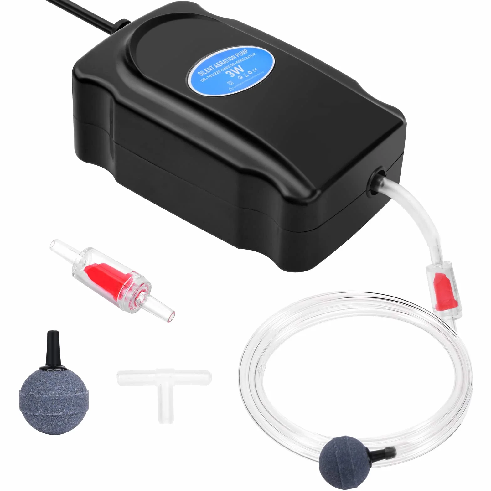Flintronic Ossigenatore per Acquario, 3W Pompa Ad Aria per Acquario Regolabile Ultra-silenziosa, con 1.5M Tubo in Silicone, Air Stone, Valvola Di Ritegno e Raccordo a T, per Ac-quario da 5-300L
