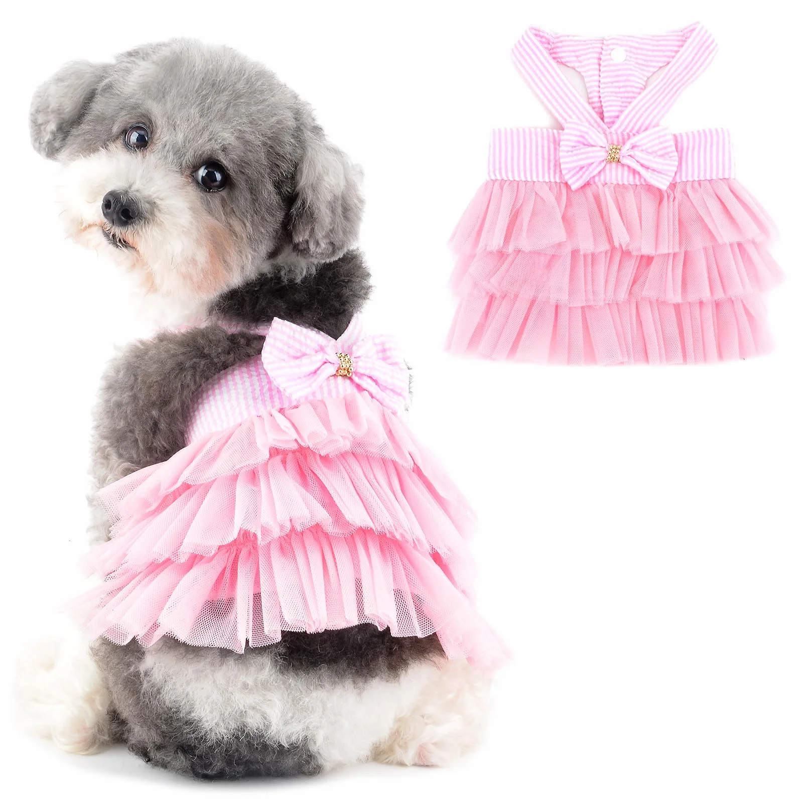 Cane Vestito da Principessa per Cani di Piccola Taglia Ragazze Vestito a Righe Femmina con Papillon Cucciolo Carino Primavera Estate Gatto Tutu Gonna Abbigliamento Yorkie Chihuahua Rosa XS