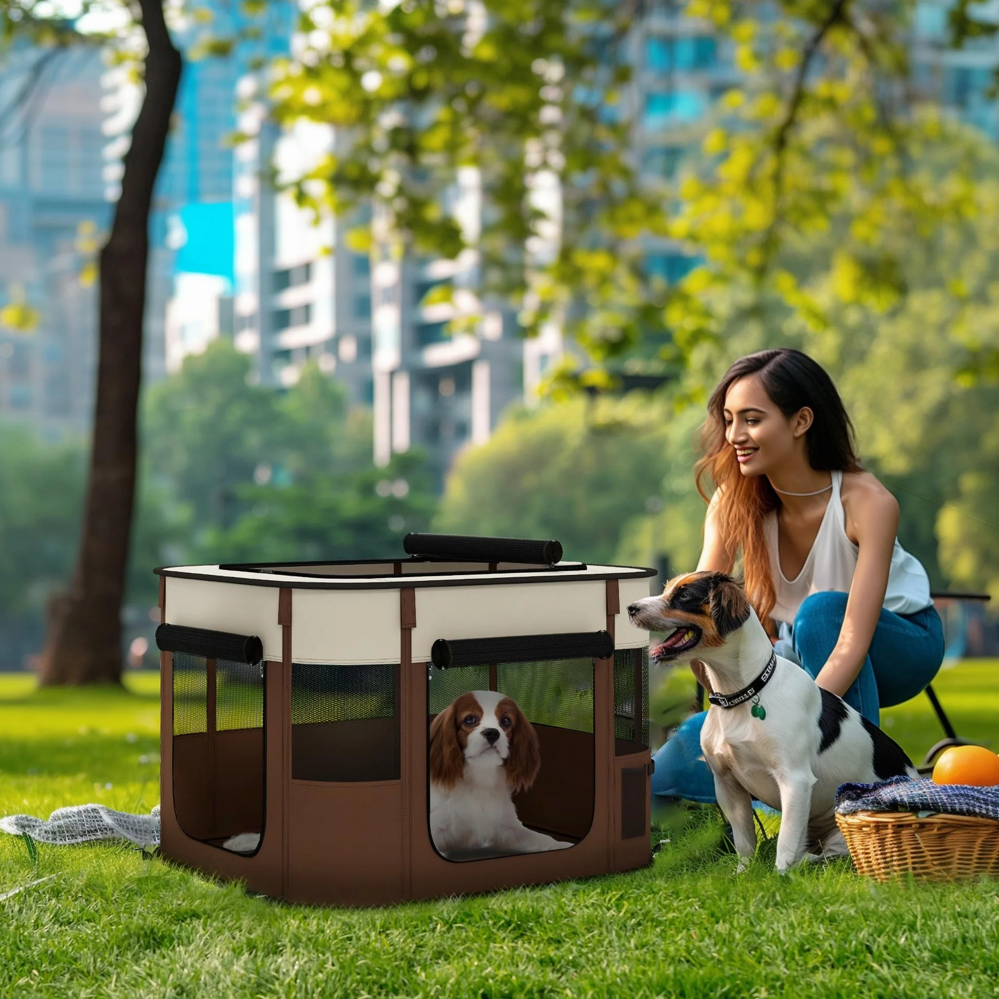 PawHut Box per Animali Domestici 6 Finestre 3 Porte 2 Borse Portaoggetti Recinto per Cani Tessuto Oxford Acciaio 74x60x45 cm Marrone