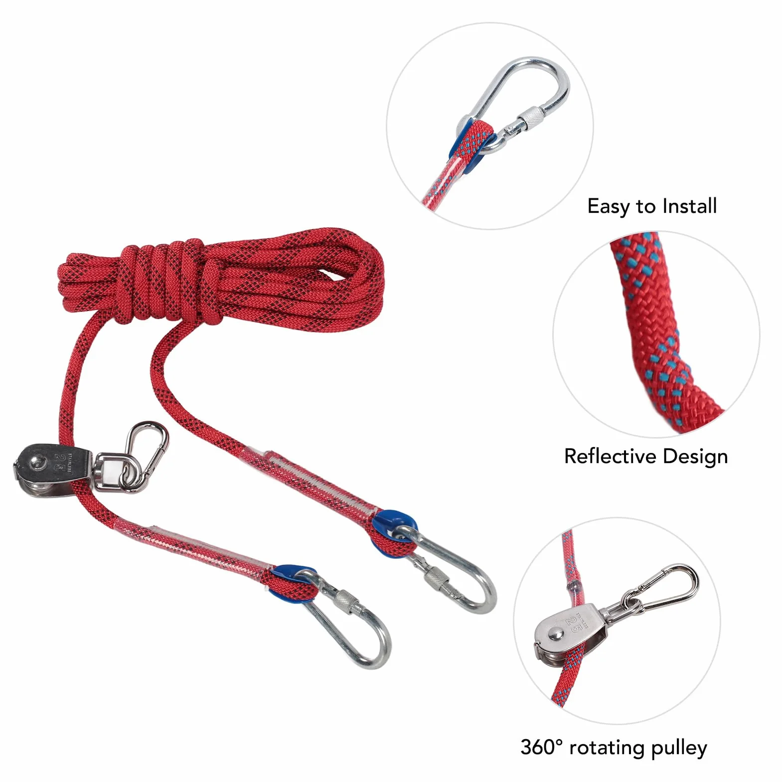 Cavo per Corridore per Cani, di Carrucole con Rotazione a 360 Gradi da 16,4 Piedi di Carrello Portatile Cavo Riflettente per Cani per Esterno per Campeggio (rosso)