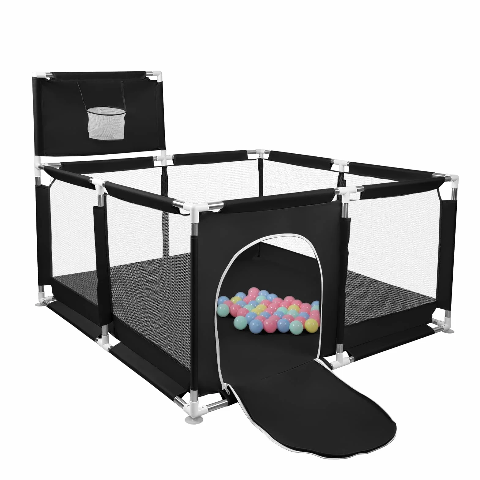 Parco per cuccioli con porta, parco per cuccioli o cani piccoli, recinzione solida in tessuto spesso e rete in nylon ad alta resistenza, lavabile in lavatrice, interno/esterno, 126 x 126 x 66 cm, nero